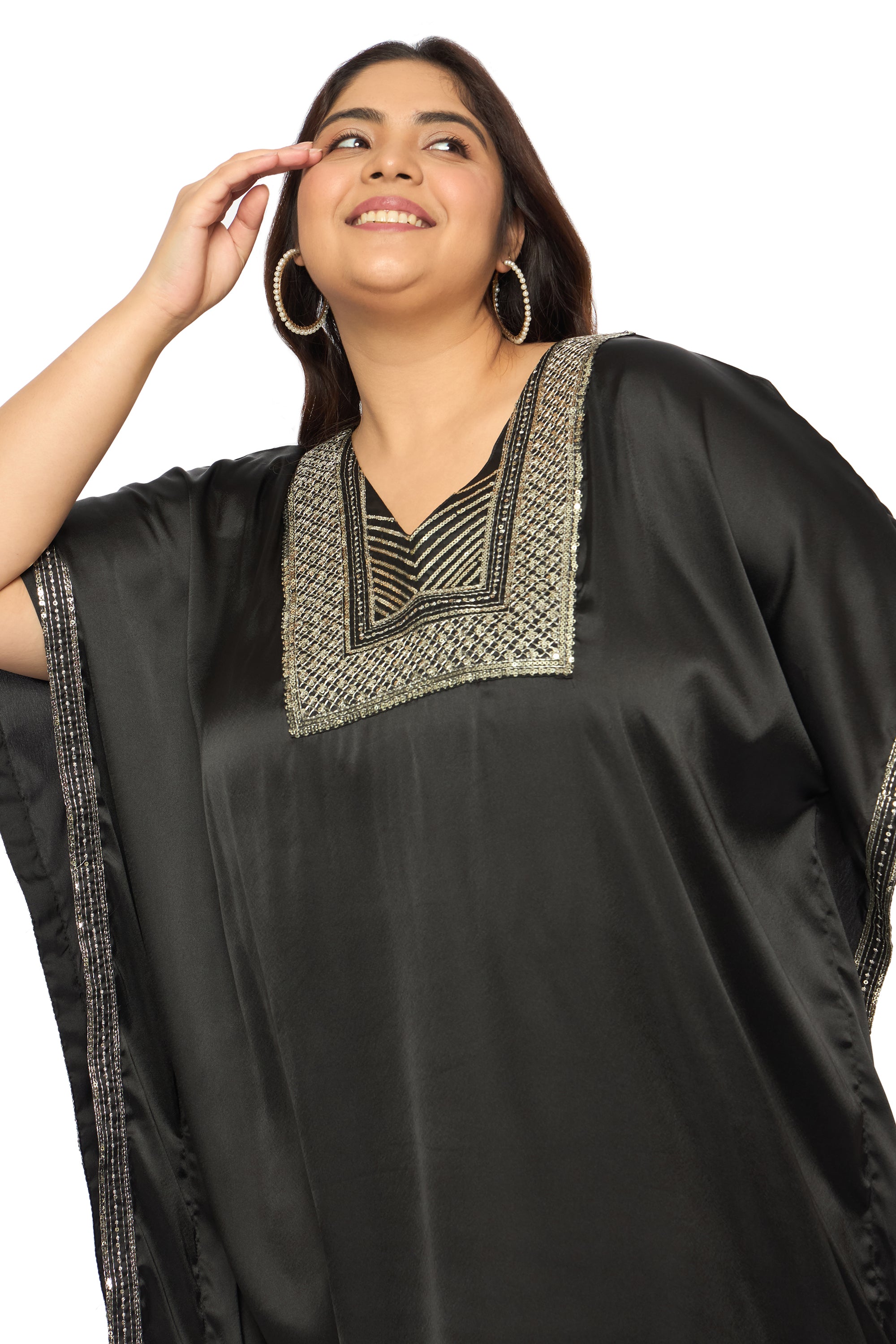 Embroidered Corsair Blue Satin Kaftan Dress For Plus Size Women