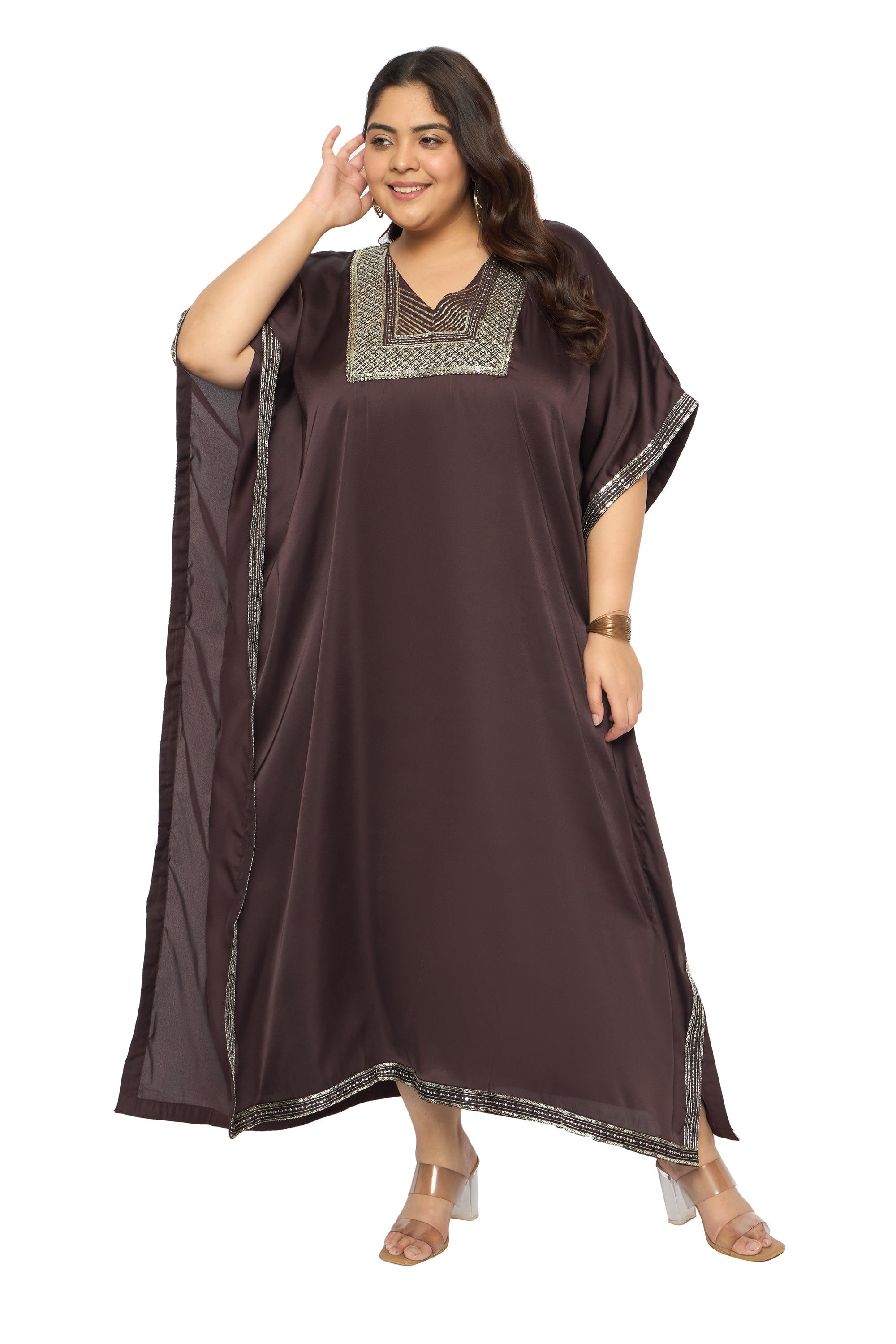 Embroidered Corsair Blue Satin Kaftan Dress For Plus Size Women