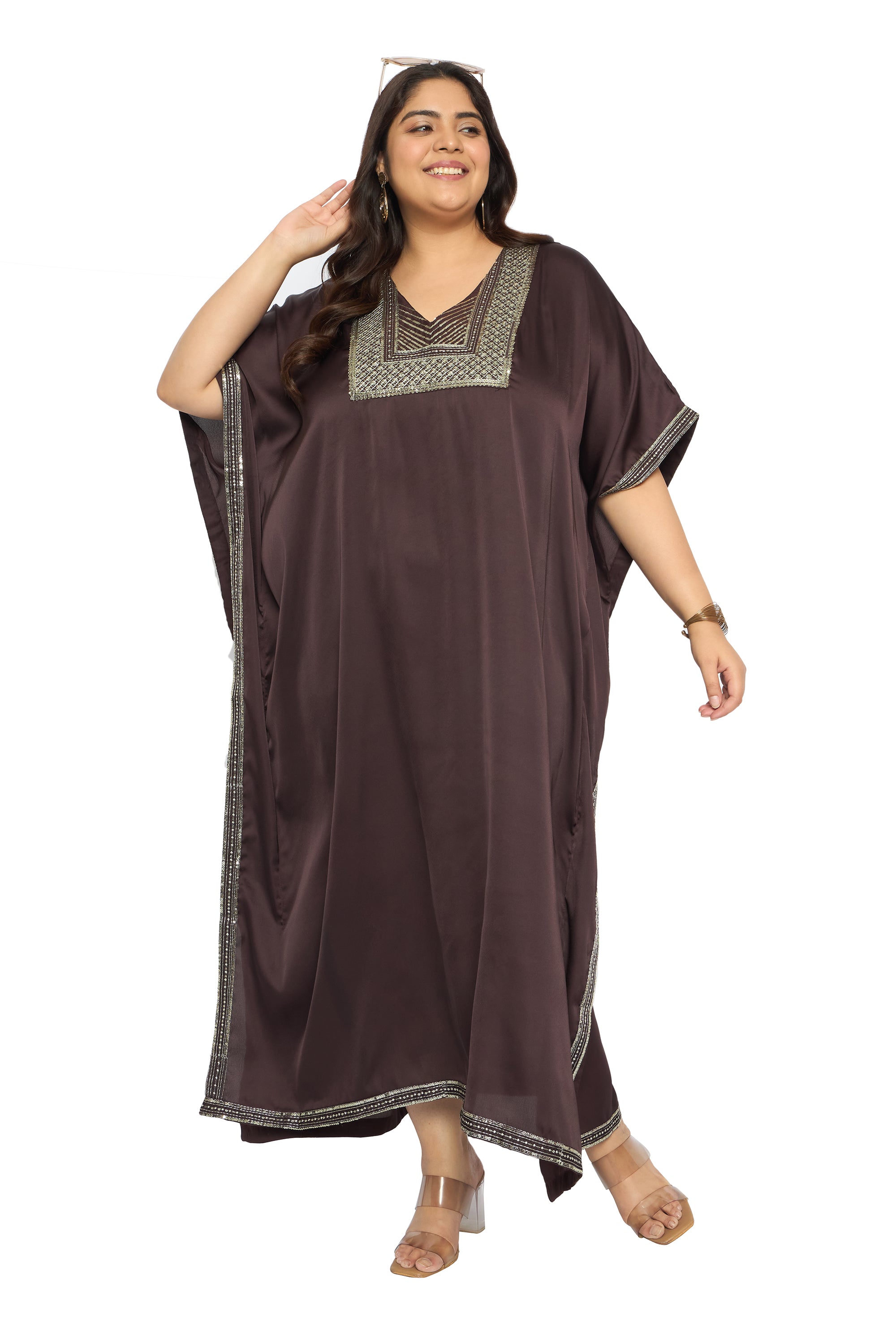 Embroidered Corsair Blue Satin Kaftan Dress For Plus Size Women