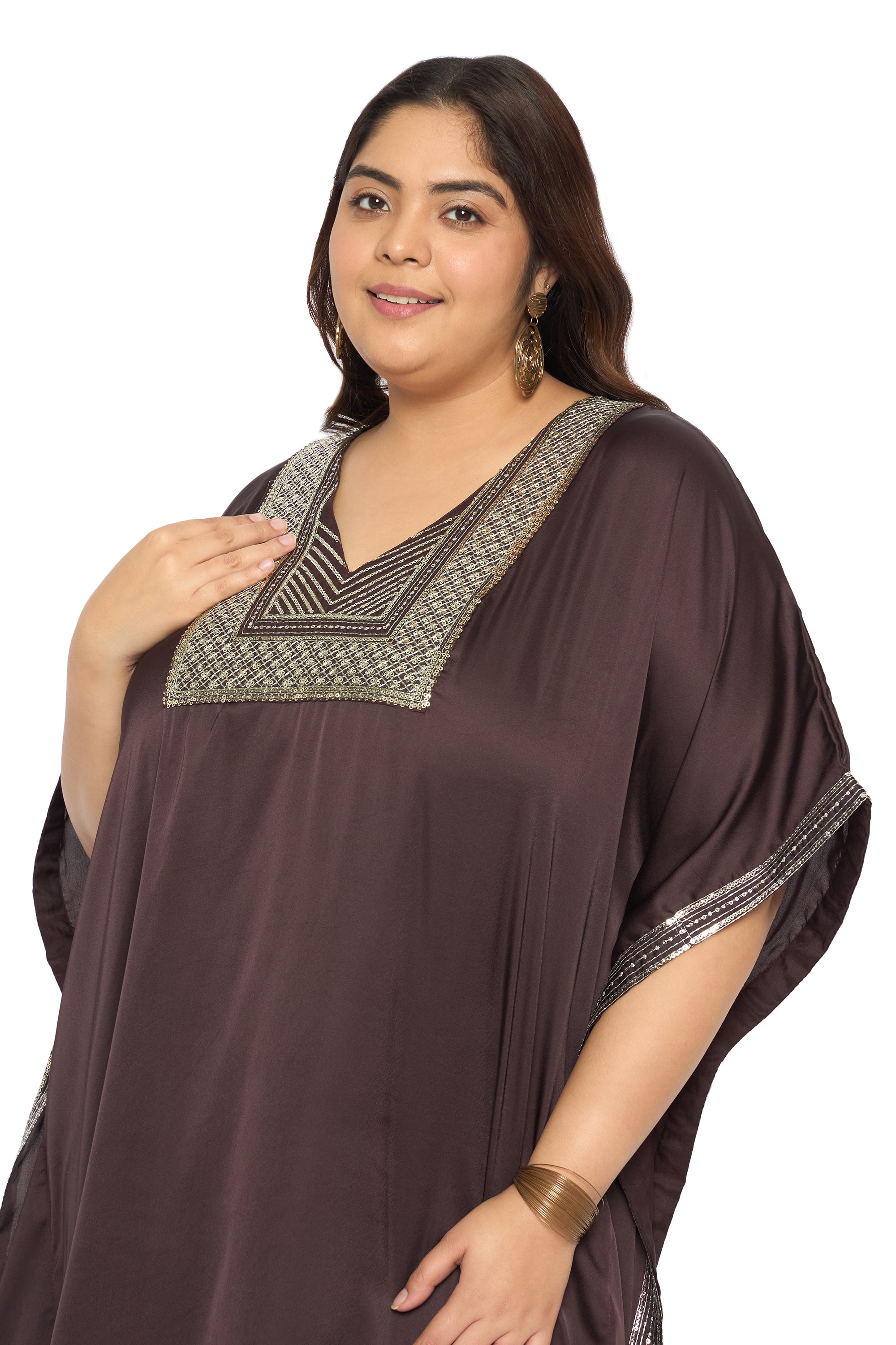 Embroidered Corsair Blue Satin Kaftan Dress For Plus Size Women