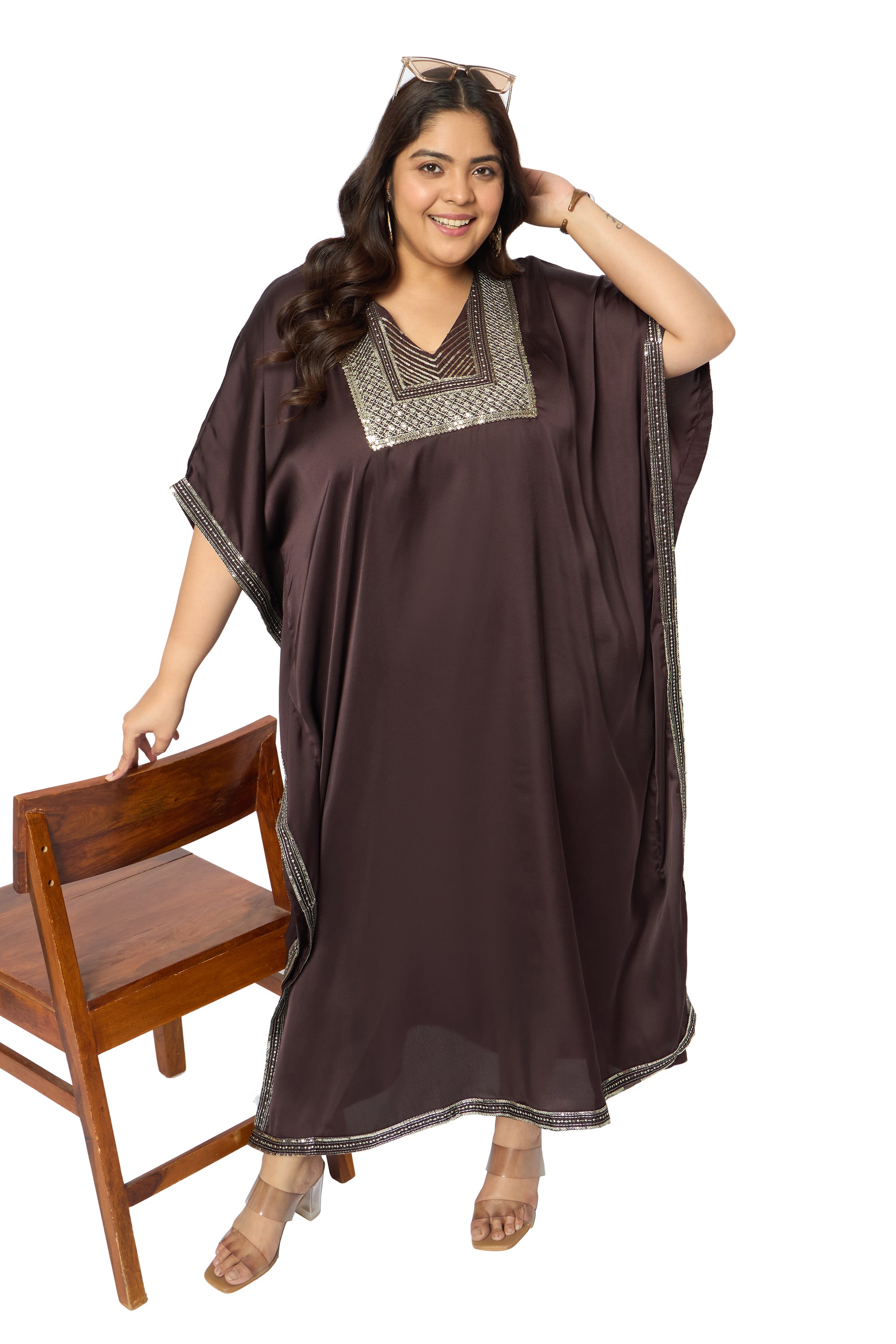 Embroidered Corsair Blue Satin Kaftan Dress For Plus Size Women