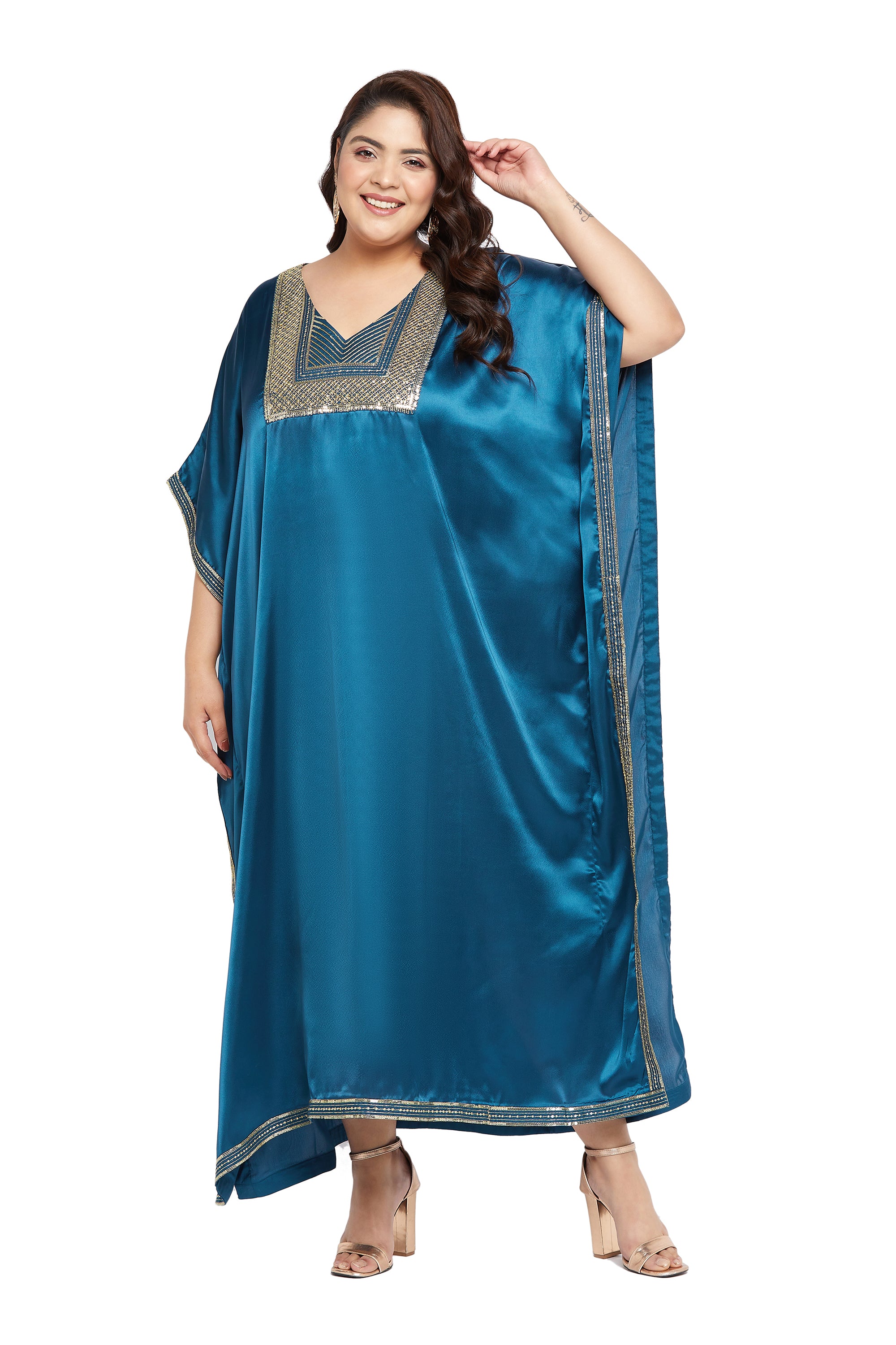 Embroidered Corsair Blue Satin Kaftan Dress For Plus Size Women