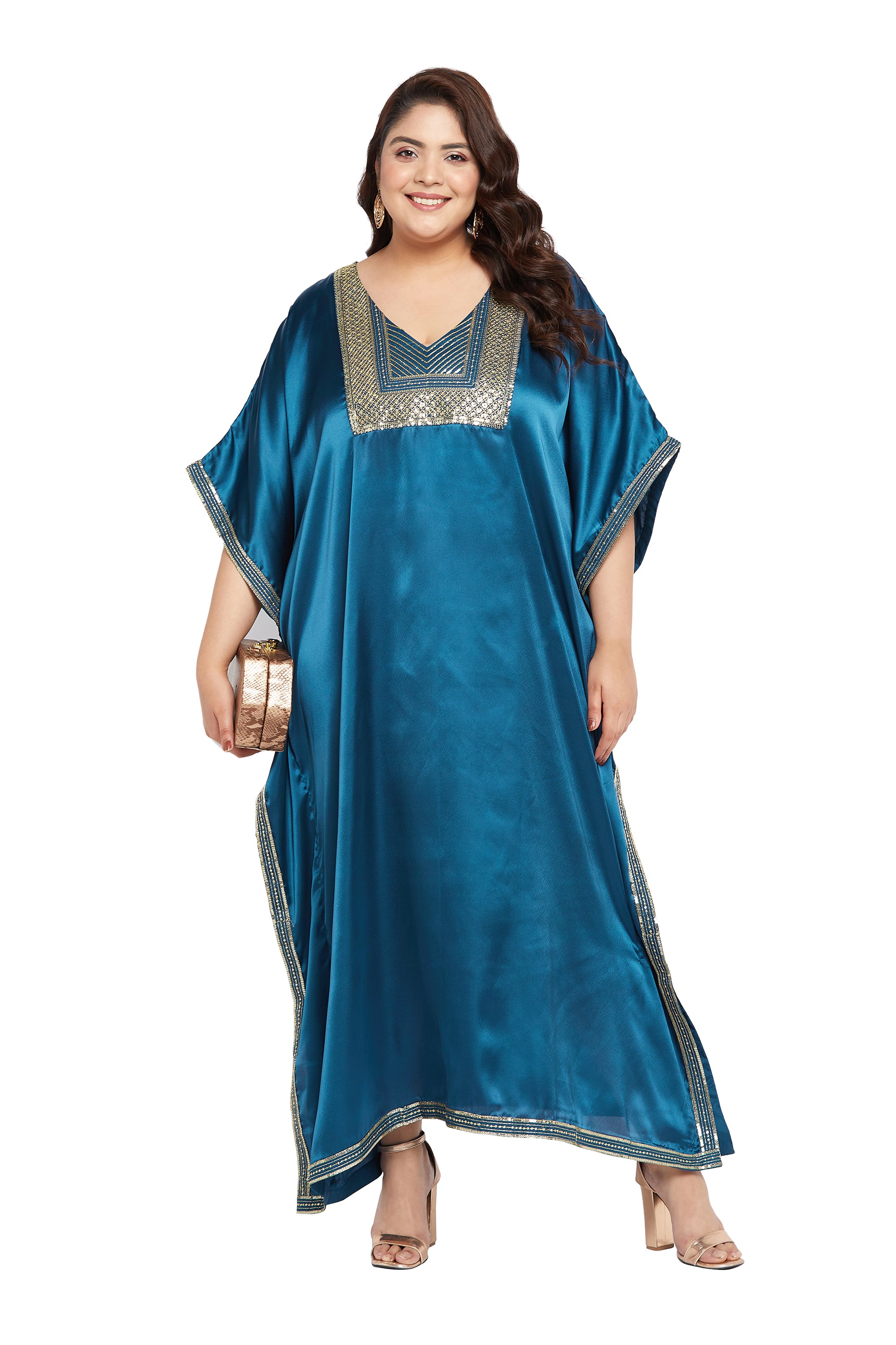 Embroidered Corsair Blue Satin Kaftan Dress For Plus Size Women