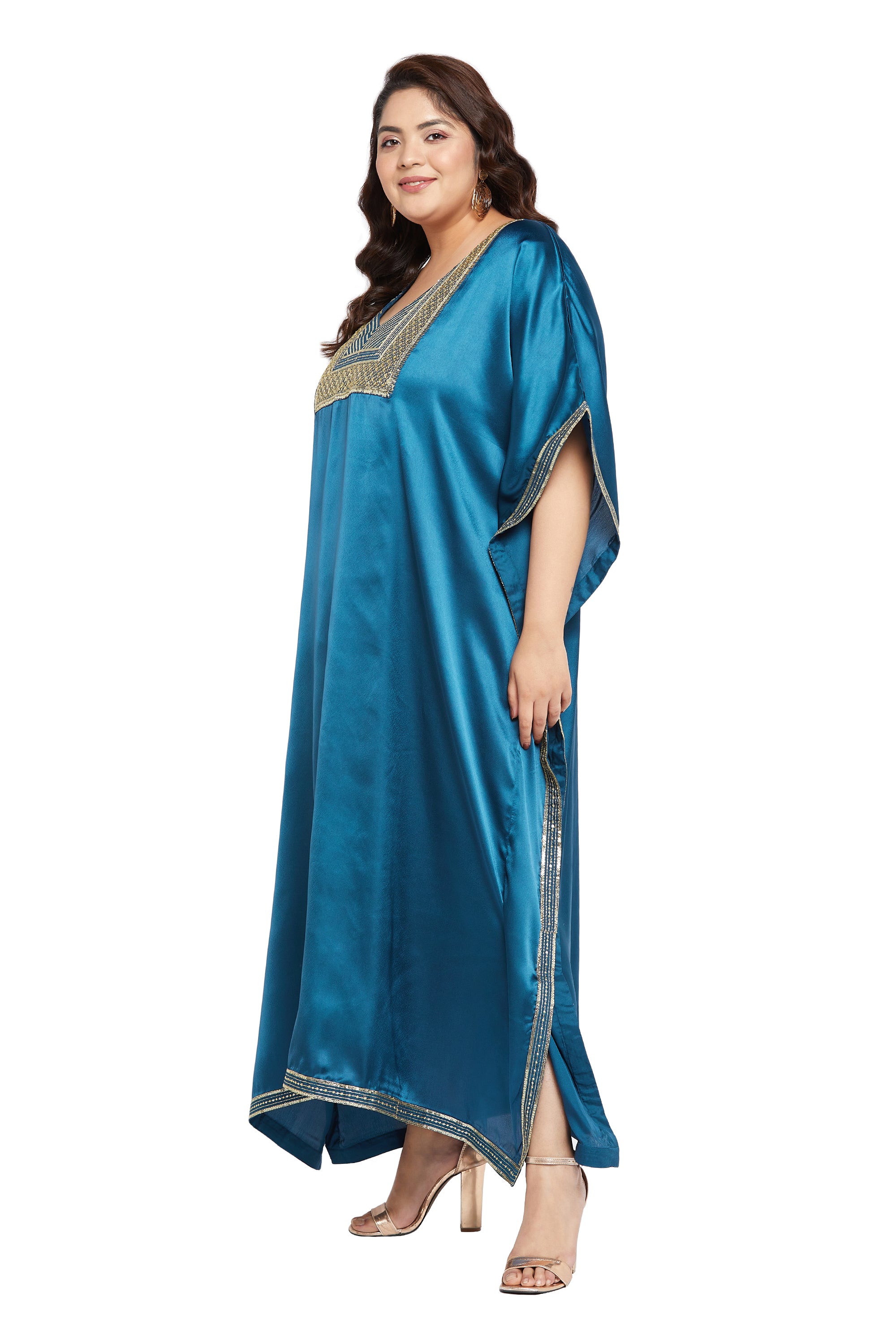 Embroidered Corsair Blue Satin Kaftan Dress For Plus Size Women