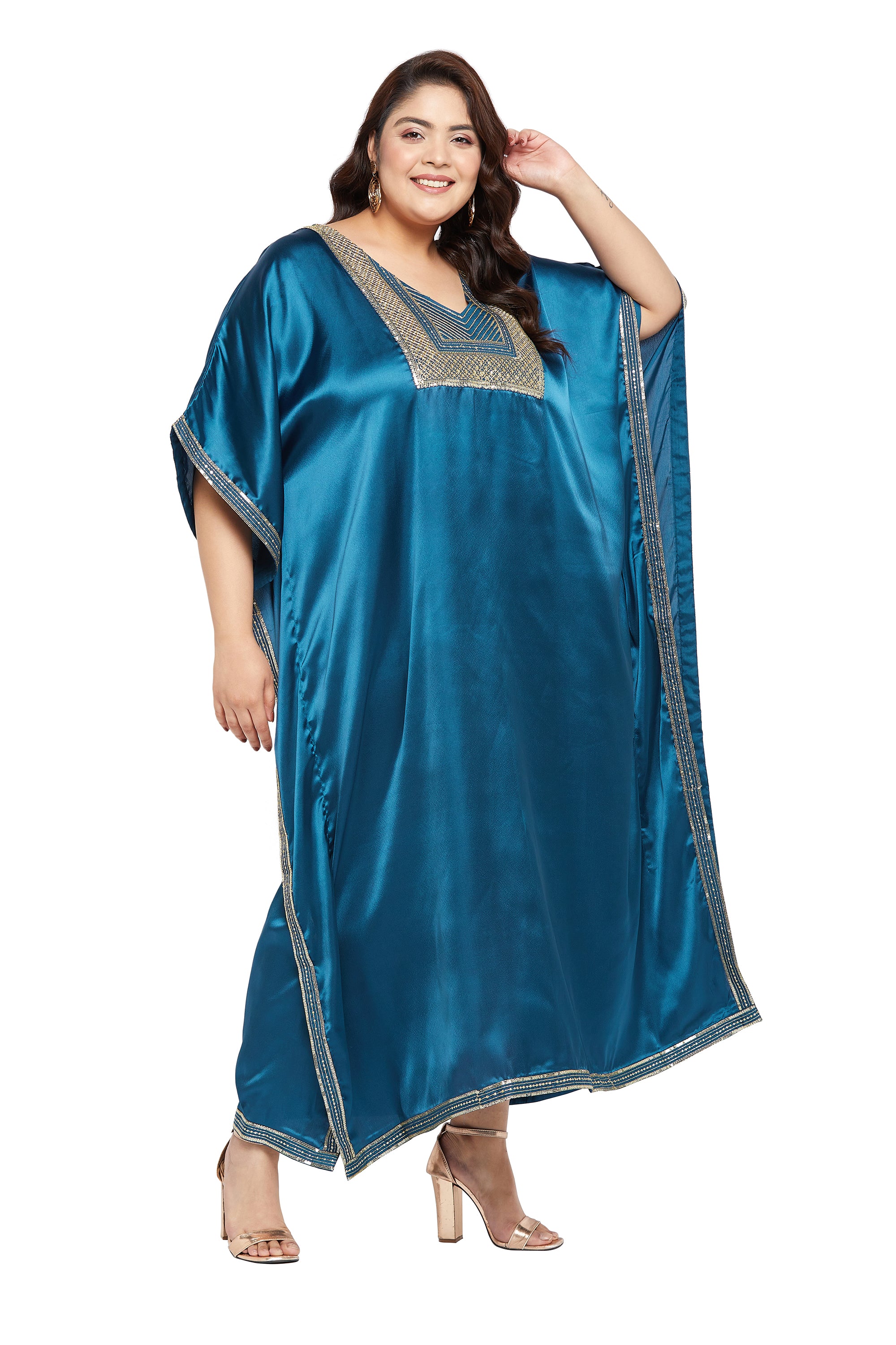 Embroidered Corsair Blue Satin Kaftan Dress For Plus Size Women