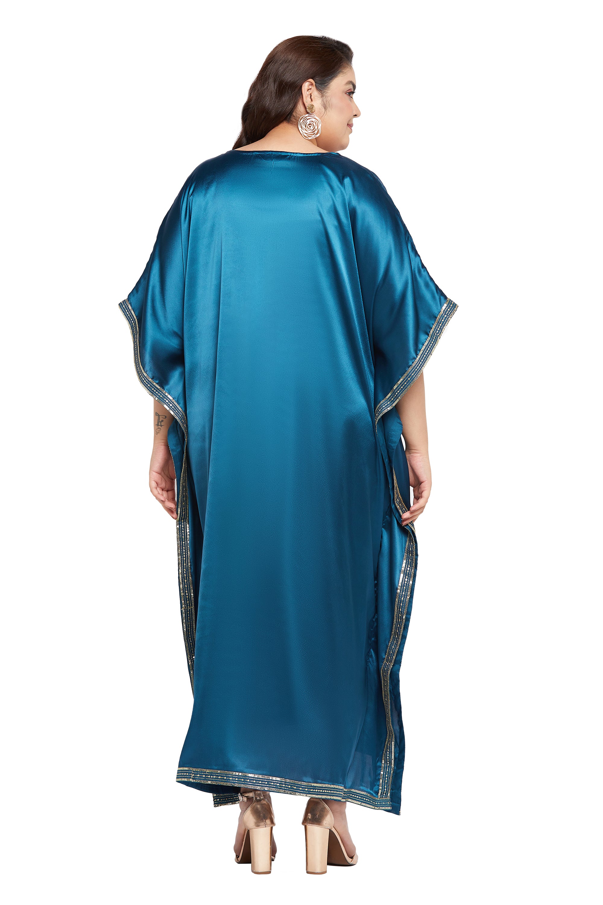 Embroidered Corsair Blue Satin Kaftan Dress For Plus Size Women