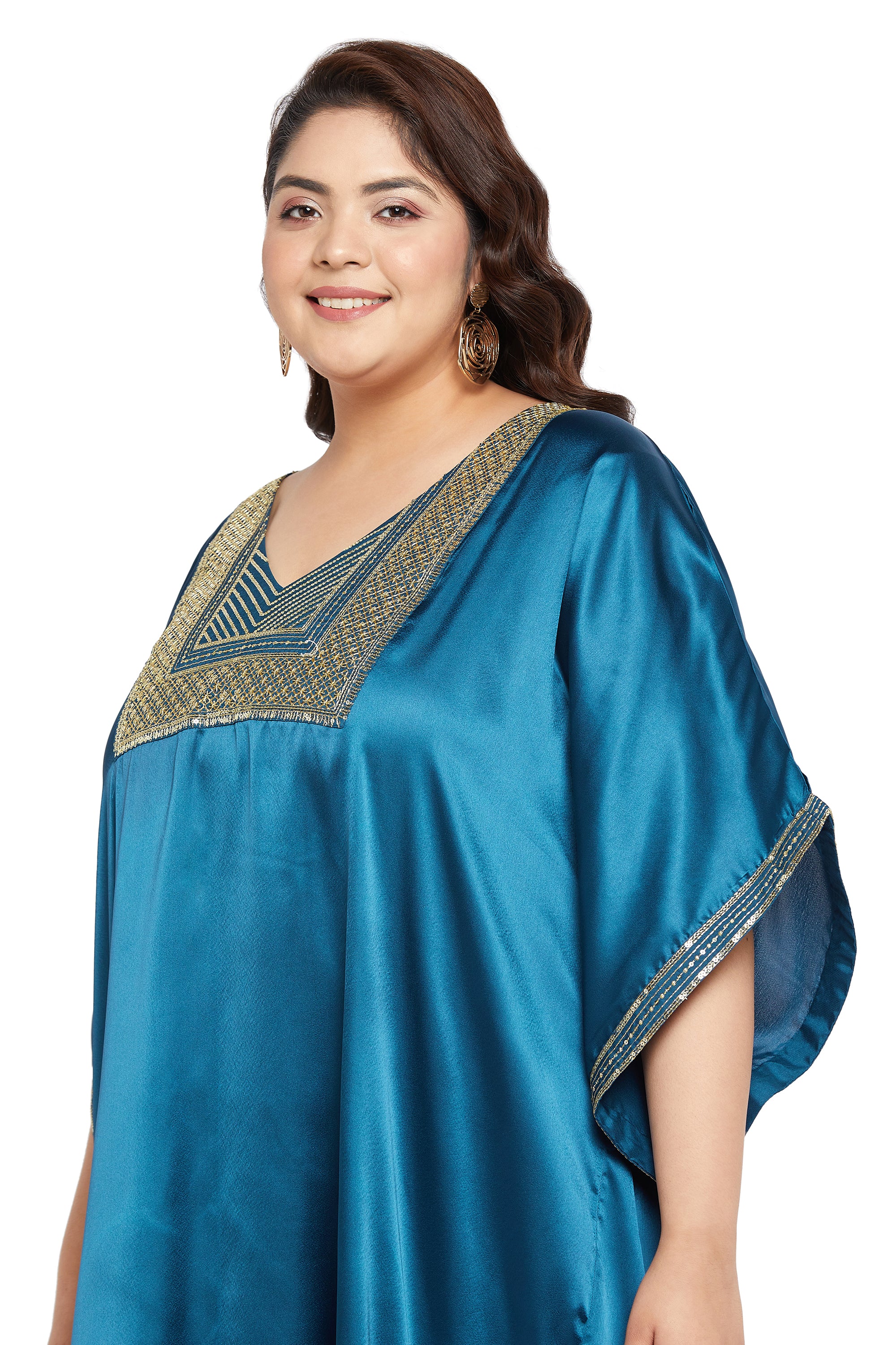 Embroidered Corsair Blue Satin Kaftan Dress For Plus Size Women