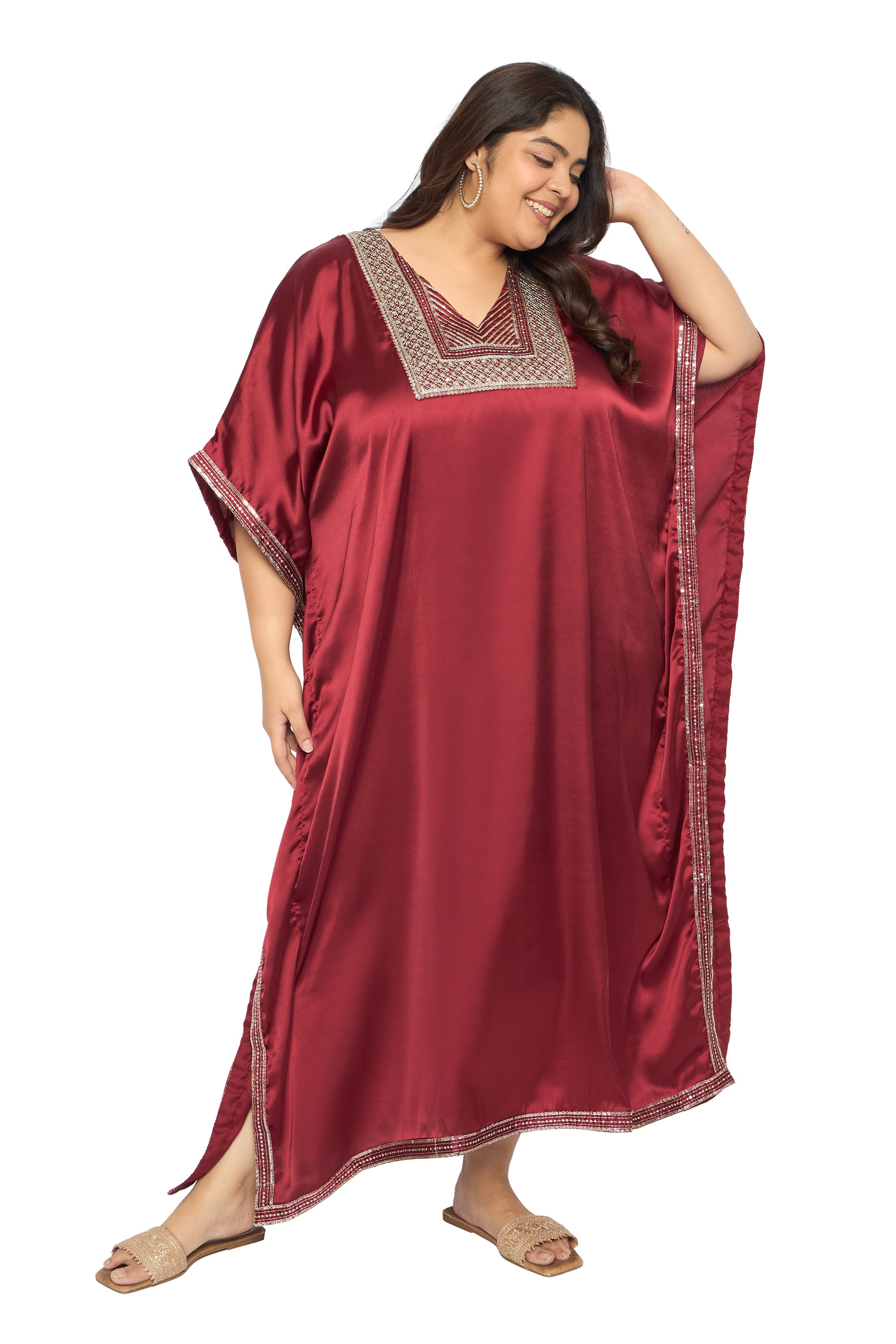 Embroidered Corsair Blue Satin Kaftan Dress For Plus Size Women