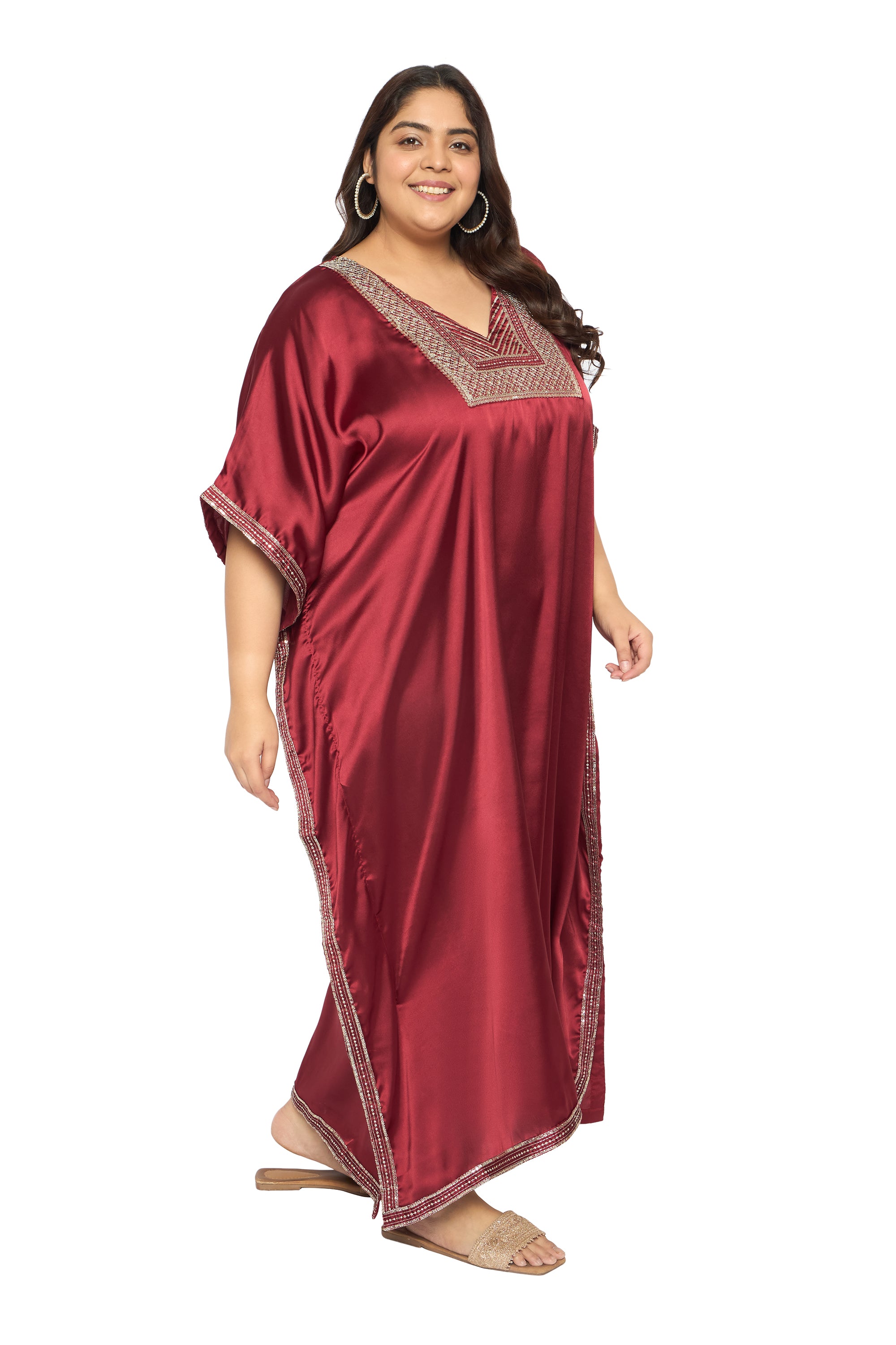 Embroidered Corsair Blue Satin Kaftan Dress For Plus Size Women