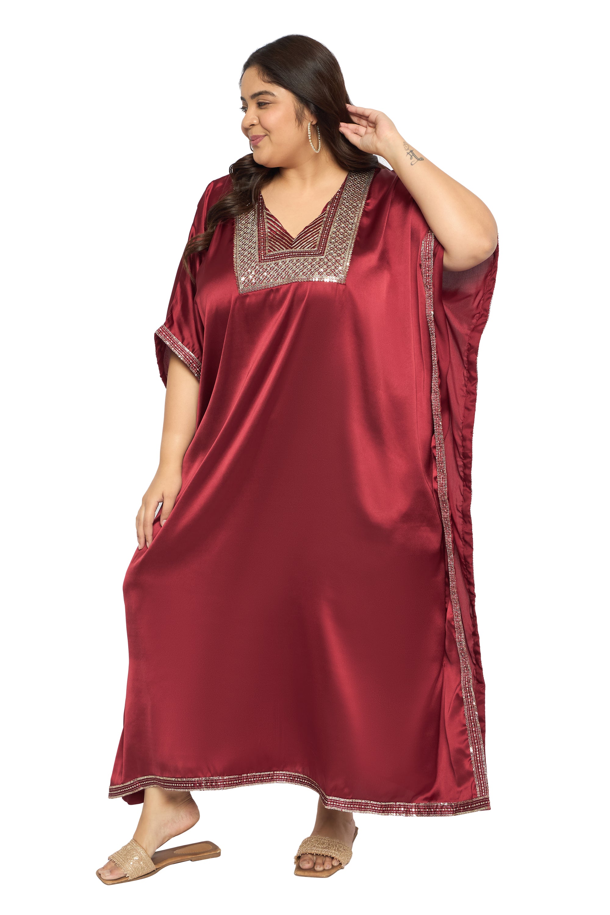 Embroidered Corsair Blue Satin Kaftan Dress For Plus Size Women