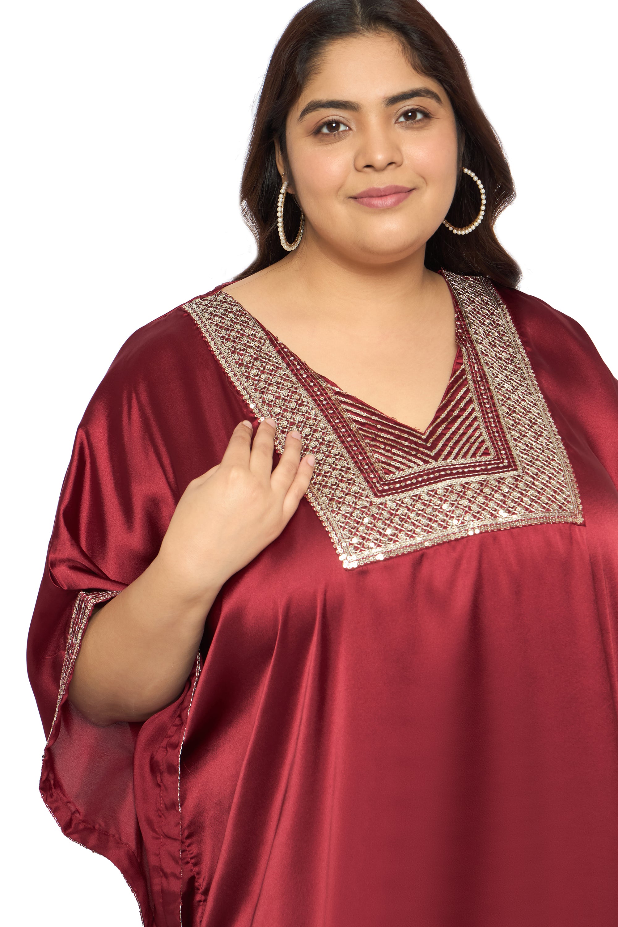 Embroidered Corsair Blue Satin Kaftan Dress For Plus Size Women