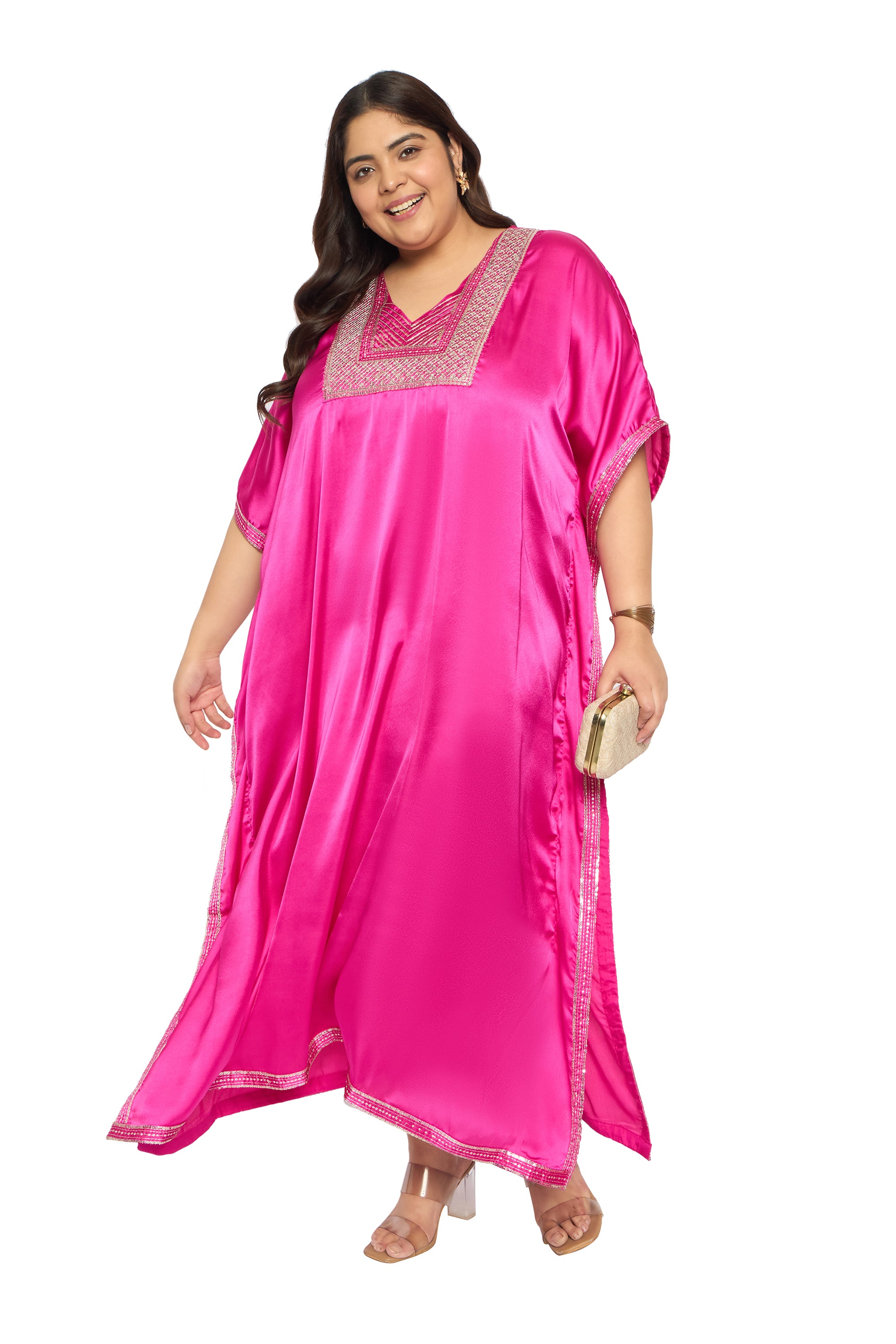 Embroidered Corsair Blue Satin Kaftan Dress For Plus Size Women