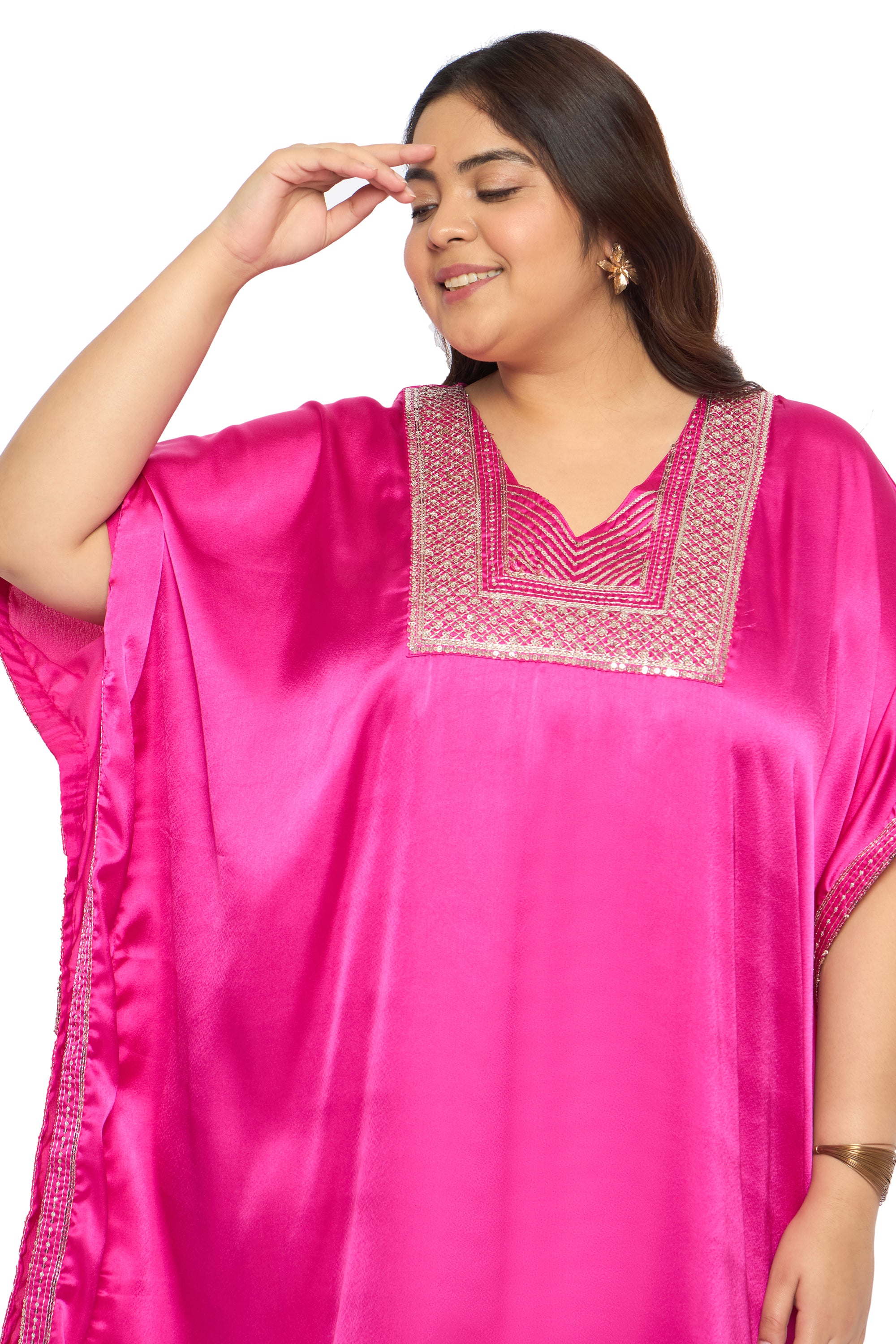 Embroidered Corsair Blue Satin Kaftan Dress For Plus Size Women