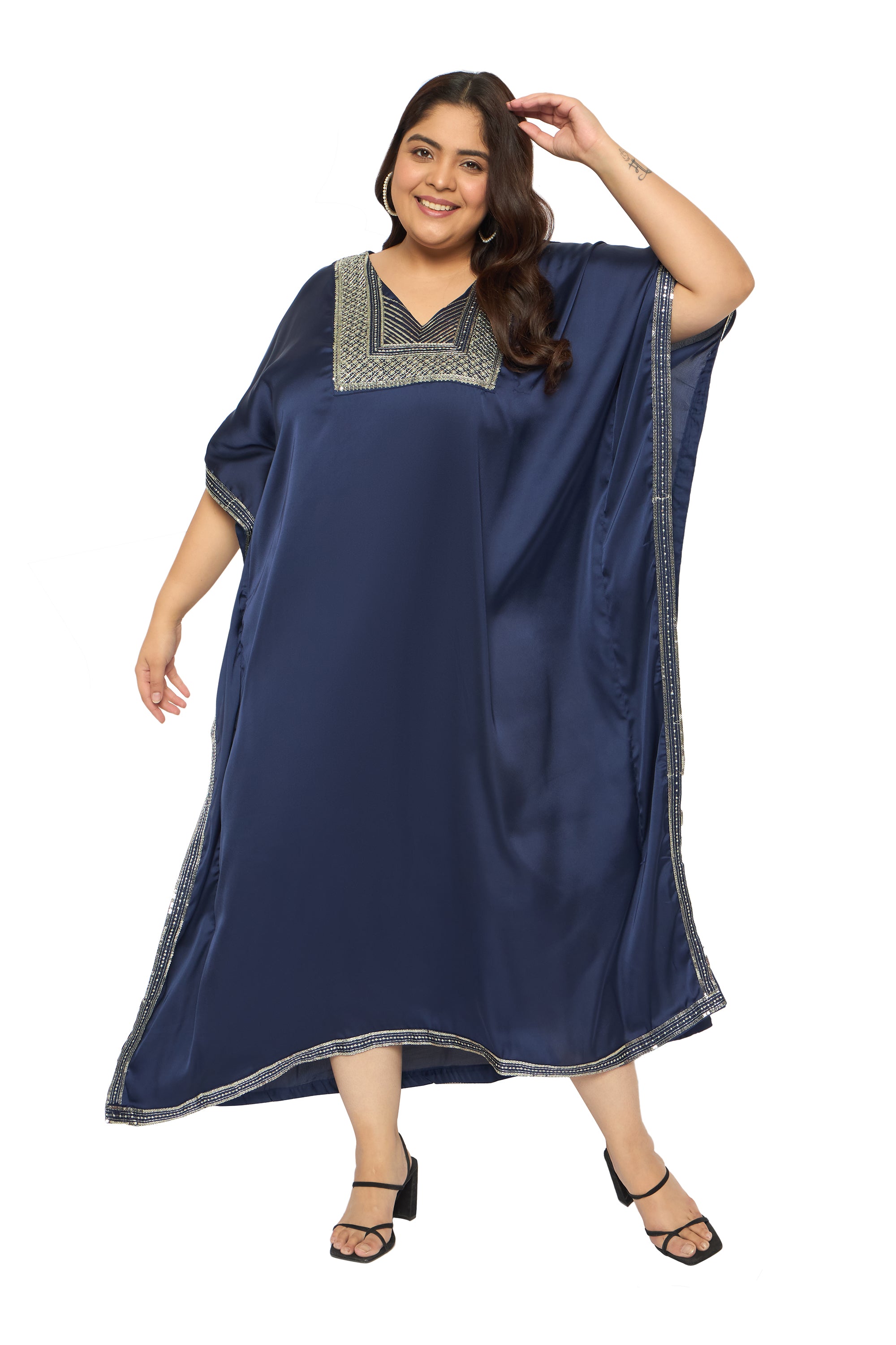 Embroidered Corsair Blue Satin Kaftan Dress For Plus Size Women