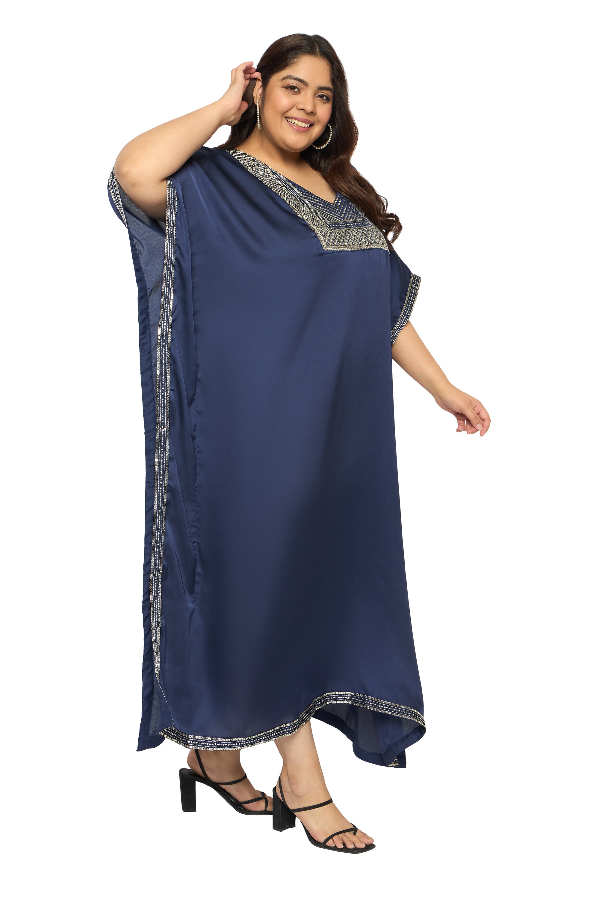 Embroidered Corsair Blue Satin Kaftan Dress For Plus Size Women