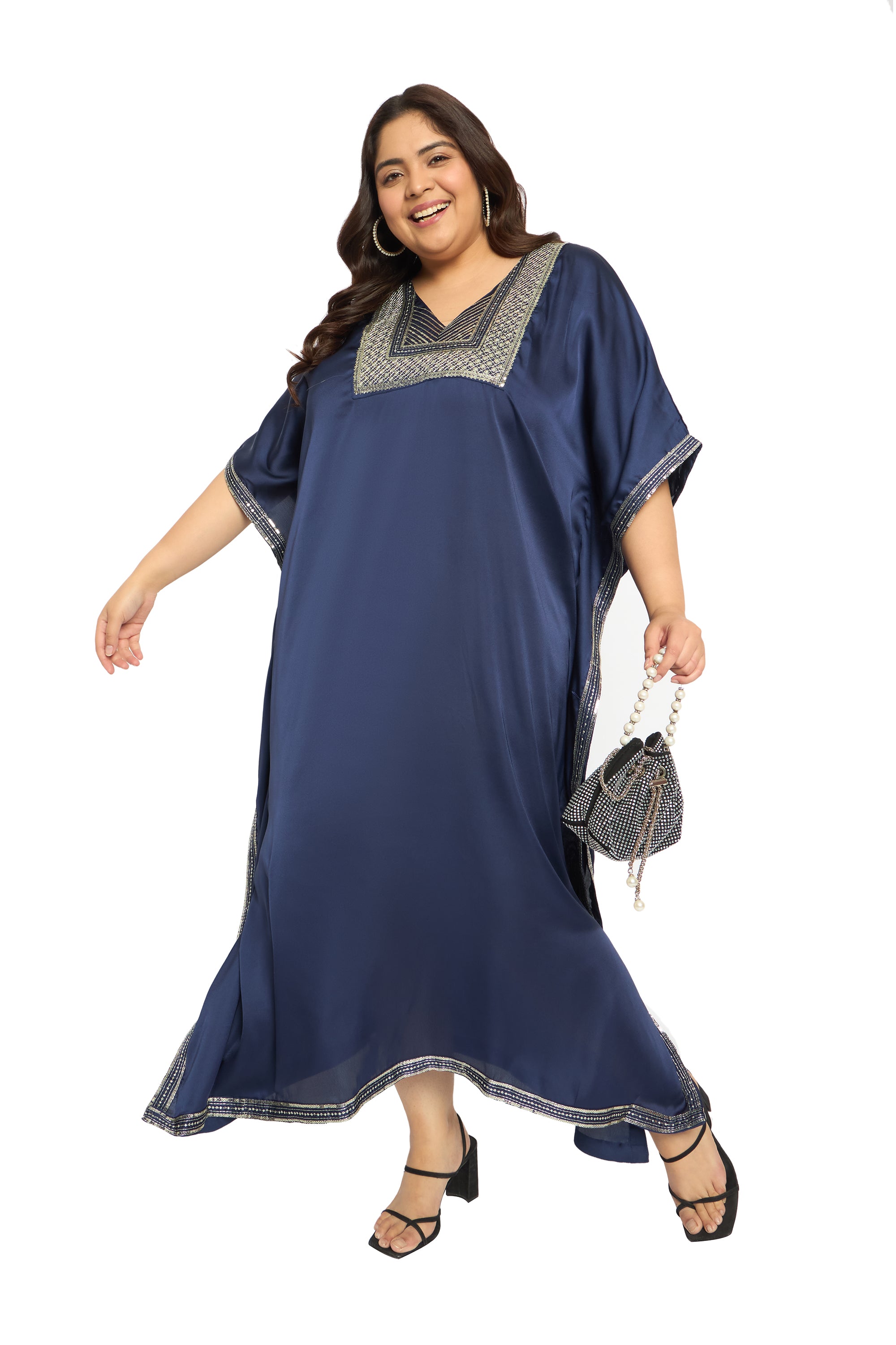 Embroidered Corsair Blue Satin Kaftan Dress For Plus Size Women