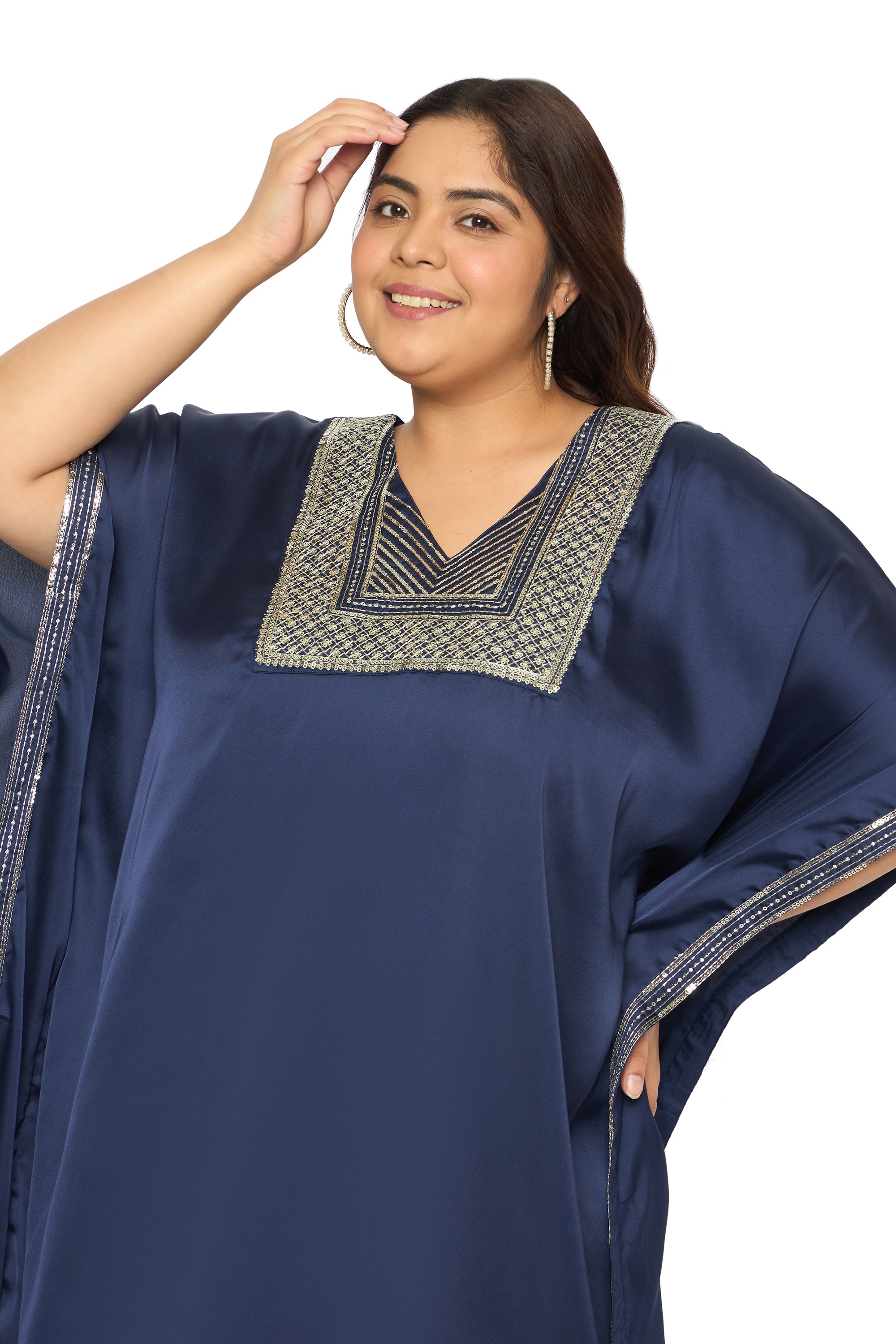 Embroidered Corsair Blue Satin Kaftan Dress For Plus Size Women