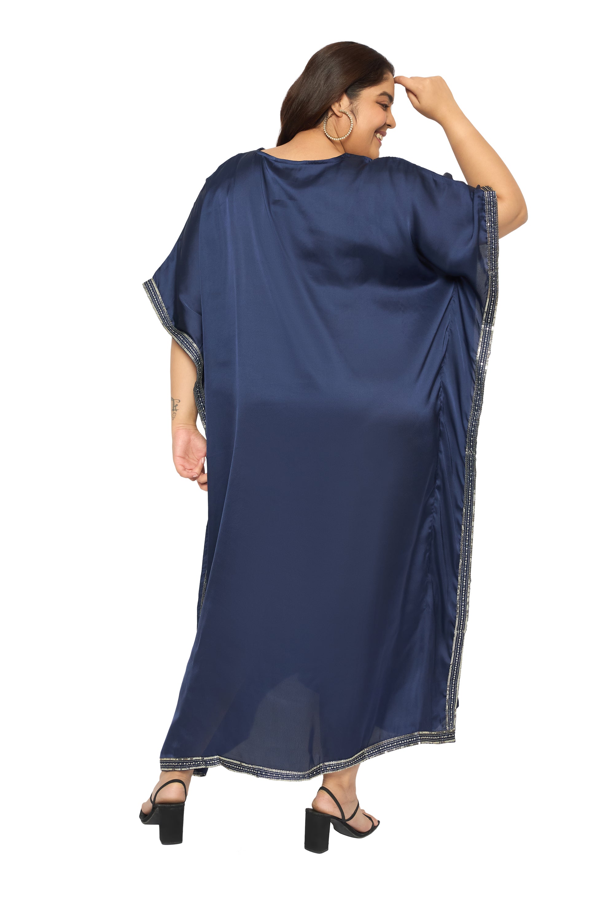 Embroidered Corsair Blue Satin Kaftan Dress For Plus Size Women