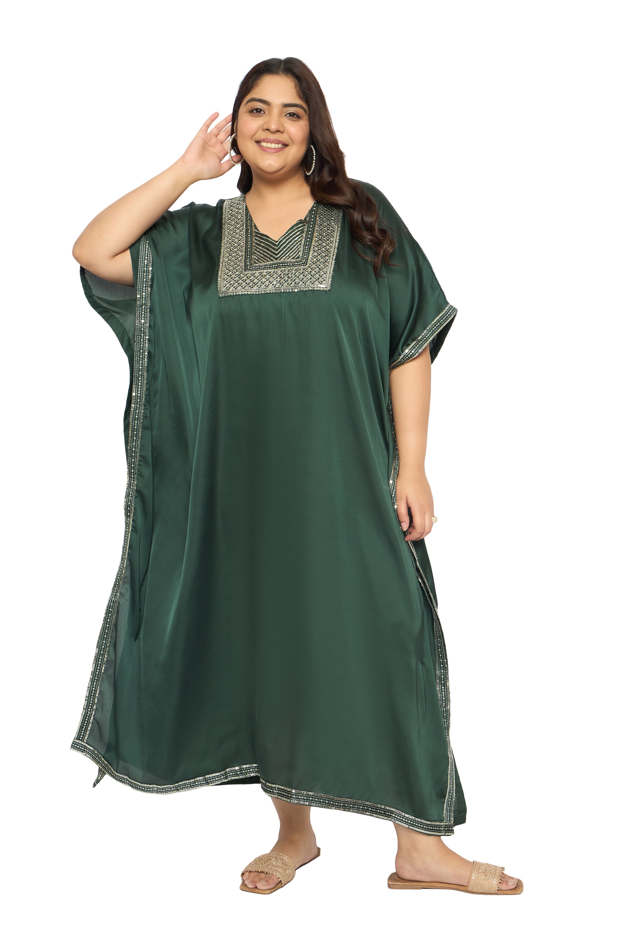 Embroidered Corsair Blue Satin Kaftan Dress For Plus Size Women