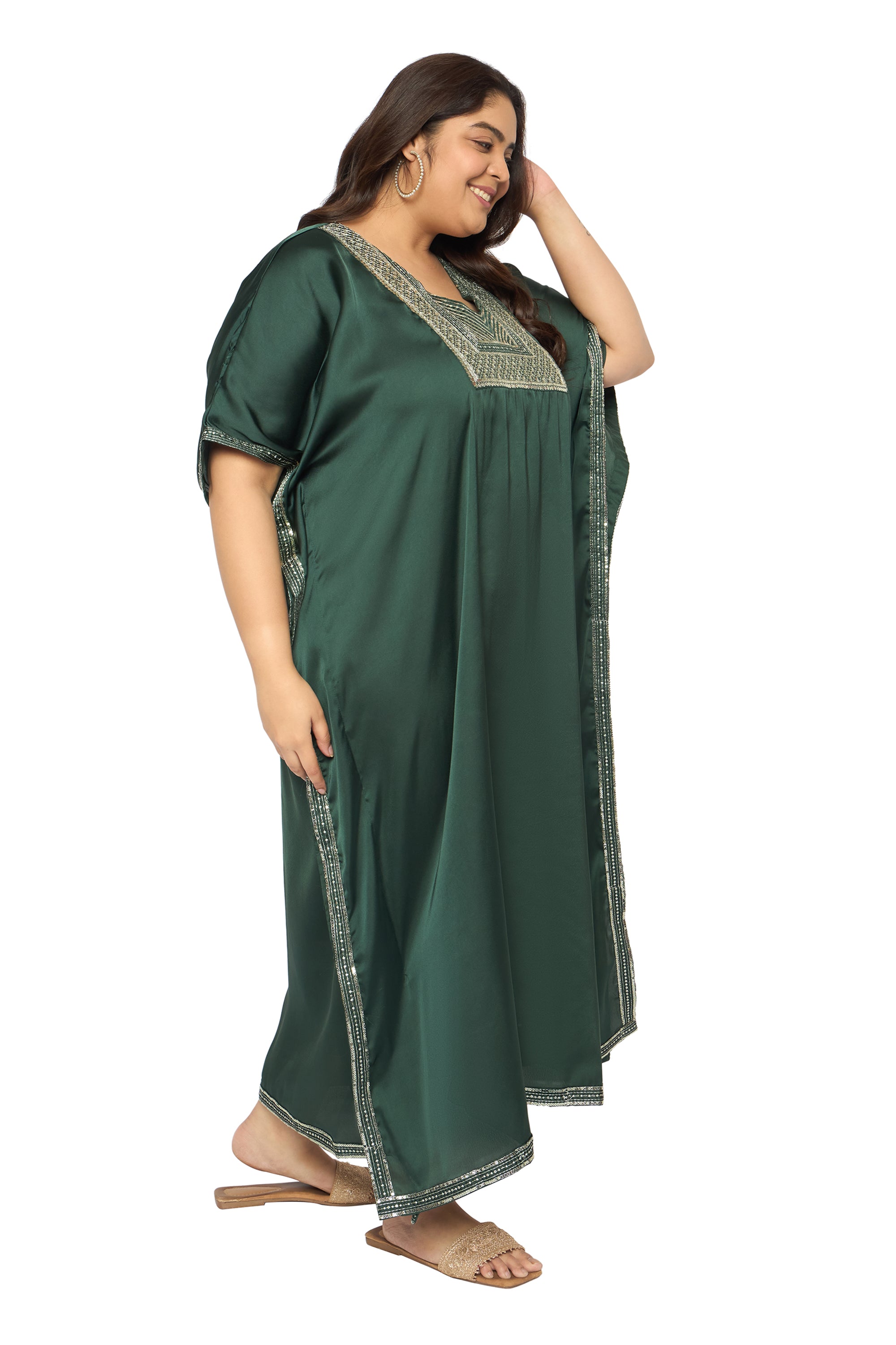 Embroidered Corsair Blue Satin Kaftan Dress For Plus Size Women