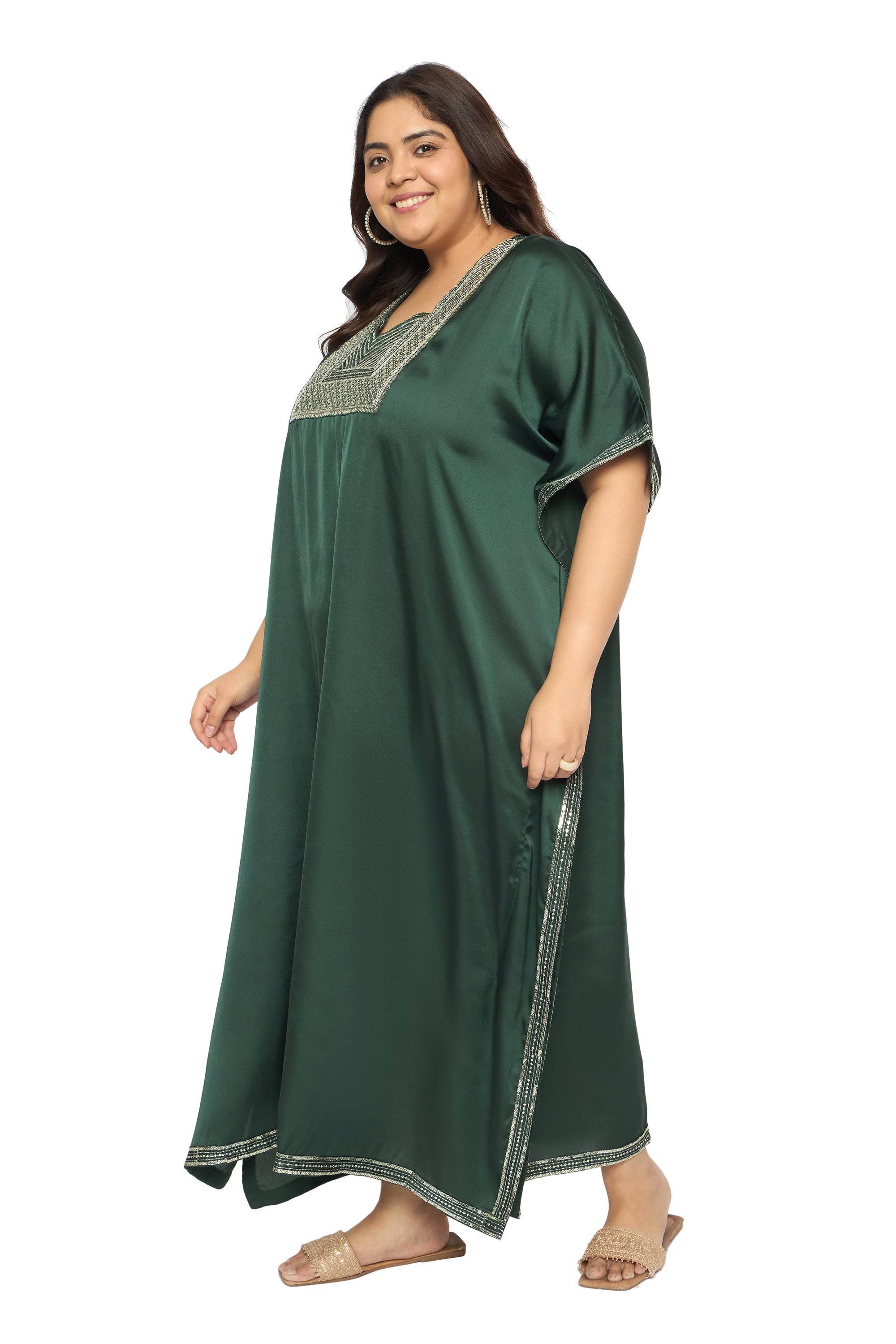 Embroidered Corsair Blue Satin Kaftan Dress For Plus Size Women