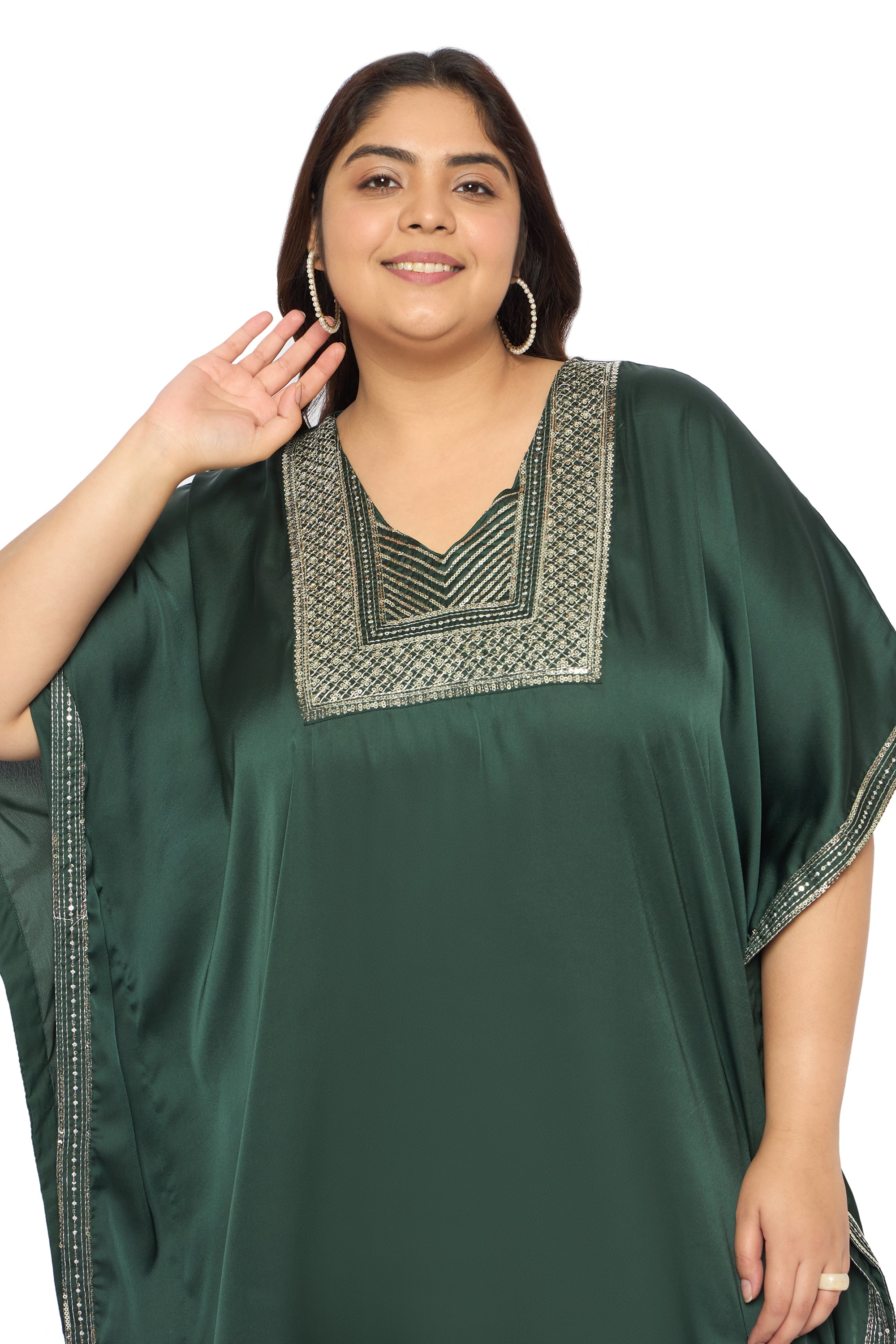 Embroidered Corsair Blue Satin Kaftan Dress For Plus Size Women