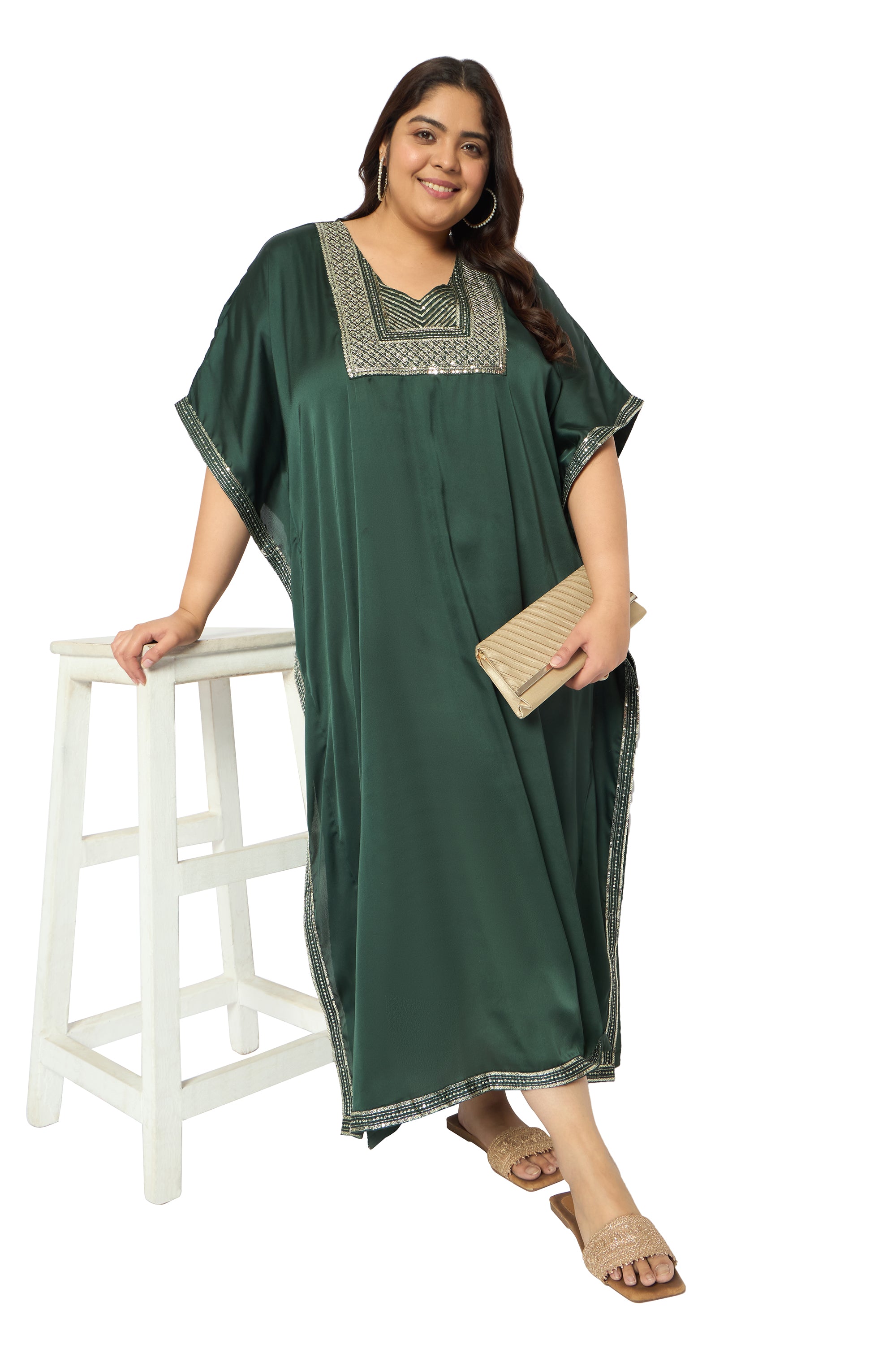 Embroidered Corsair Blue Satin Kaftan Dress For Plus Size Women