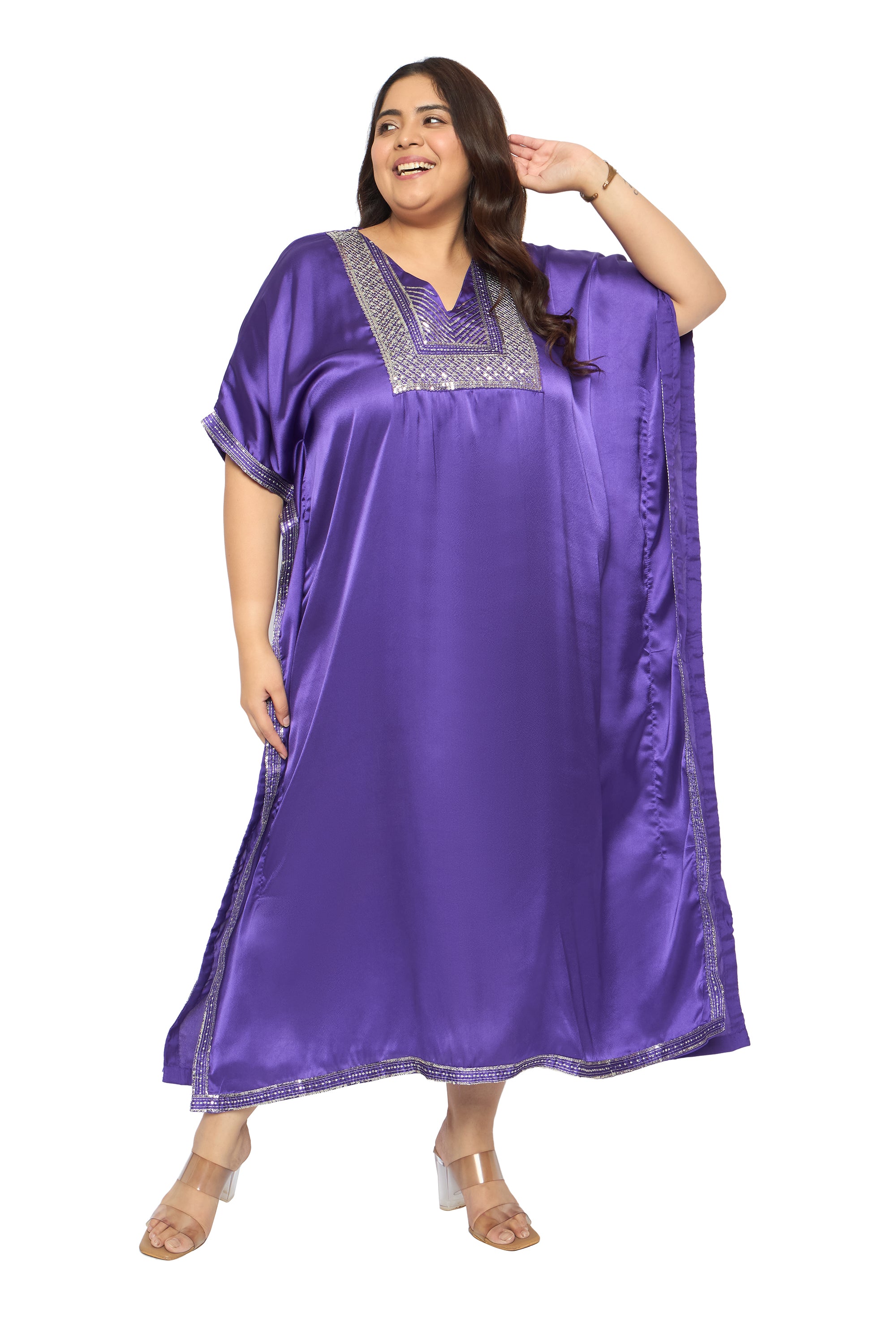 Embroidered Corsair Blue Satin Kaftan Dress For Plus Size Women