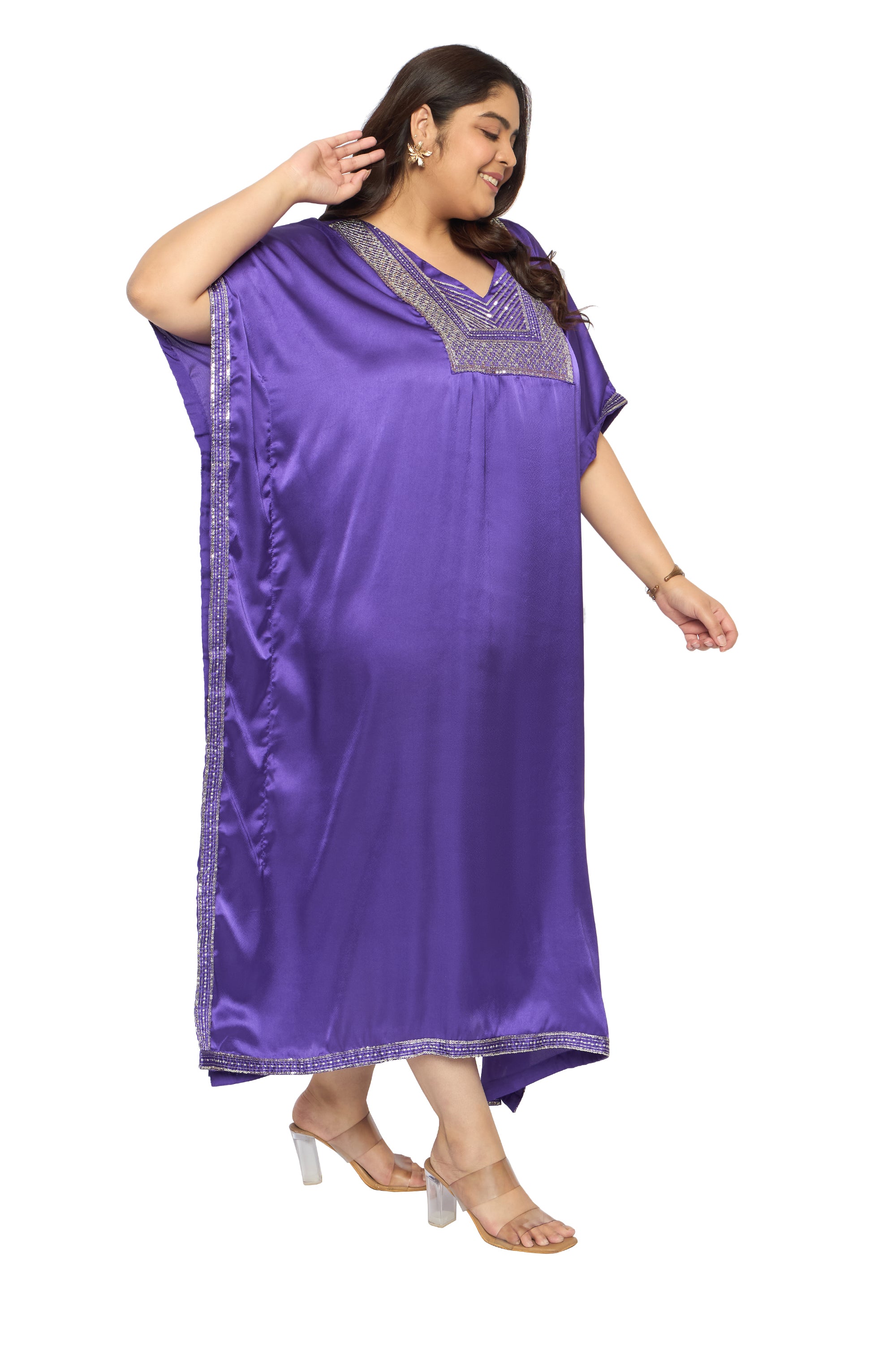 Embroidered Corsair Blue Satin Kaftan Dress For Plus Size Women