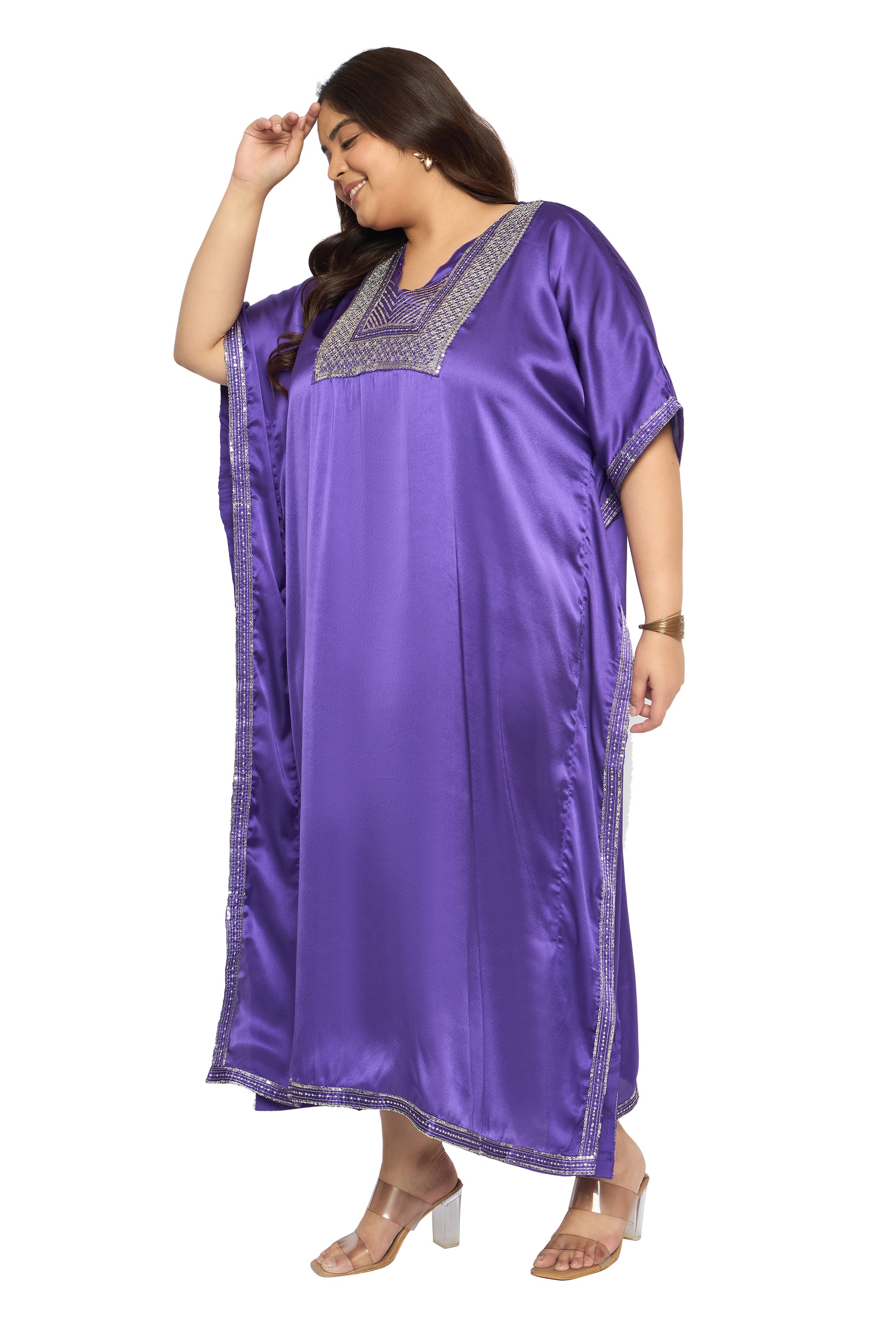 Embroidered Corsair Blue Satin Kaftan Dress For Plus Size Women