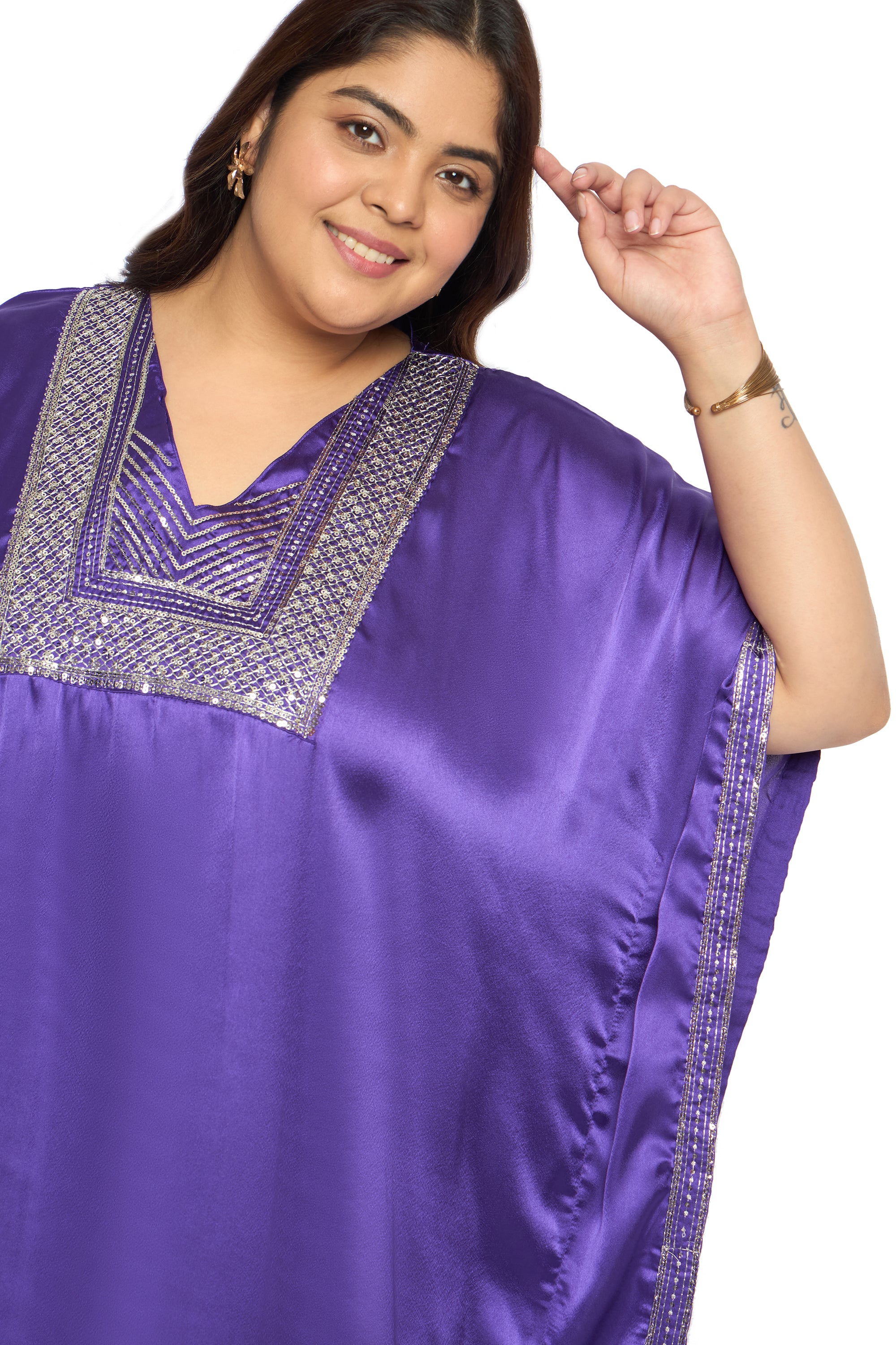 Embroidered Corsair Blue Satin Kaftan Dress For Plus Size Women