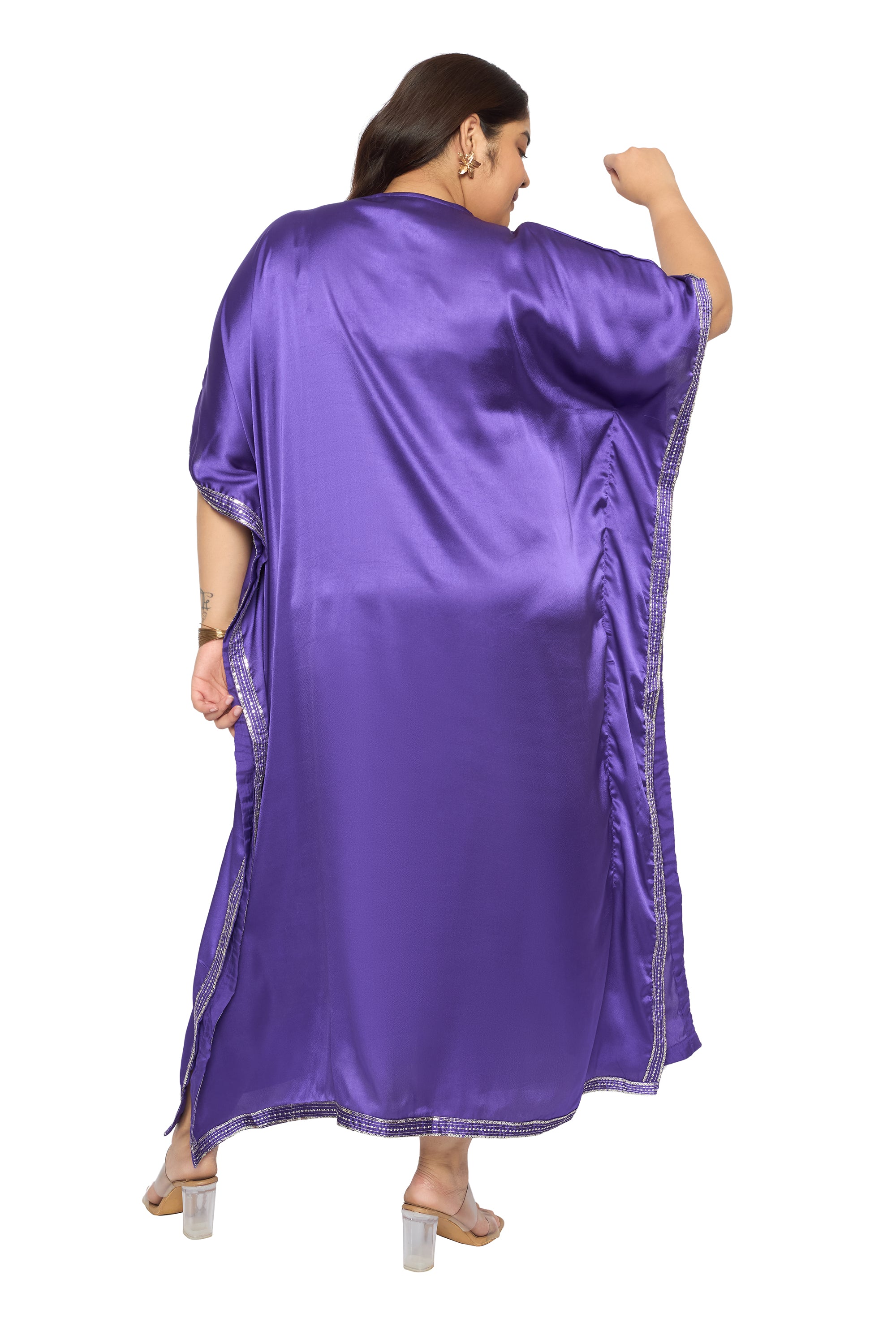 Embroidered Corsair Blue Satin Kaftan Dress For Plus Size Women