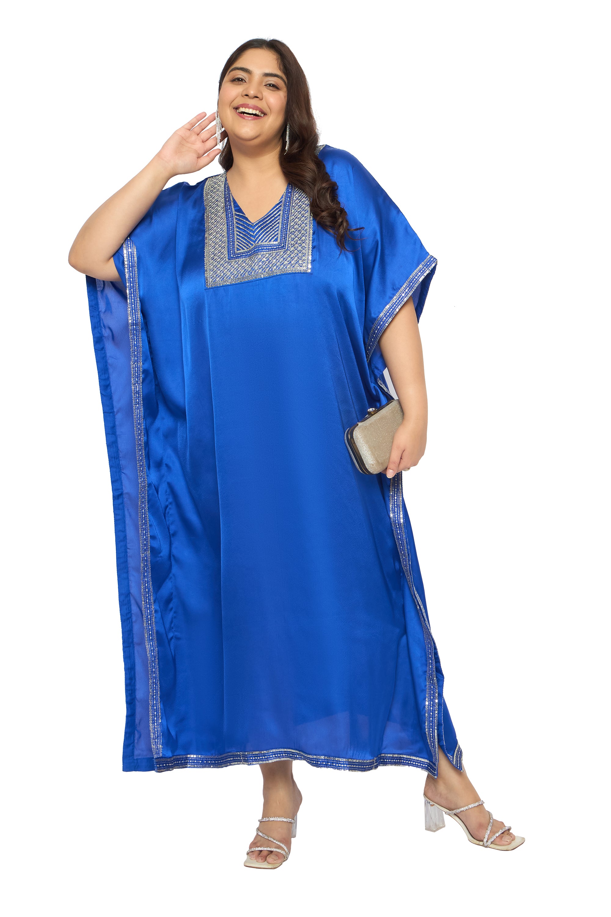 Embroidered Corsair Blue Satin Kaftan Dress For Plus Size Women