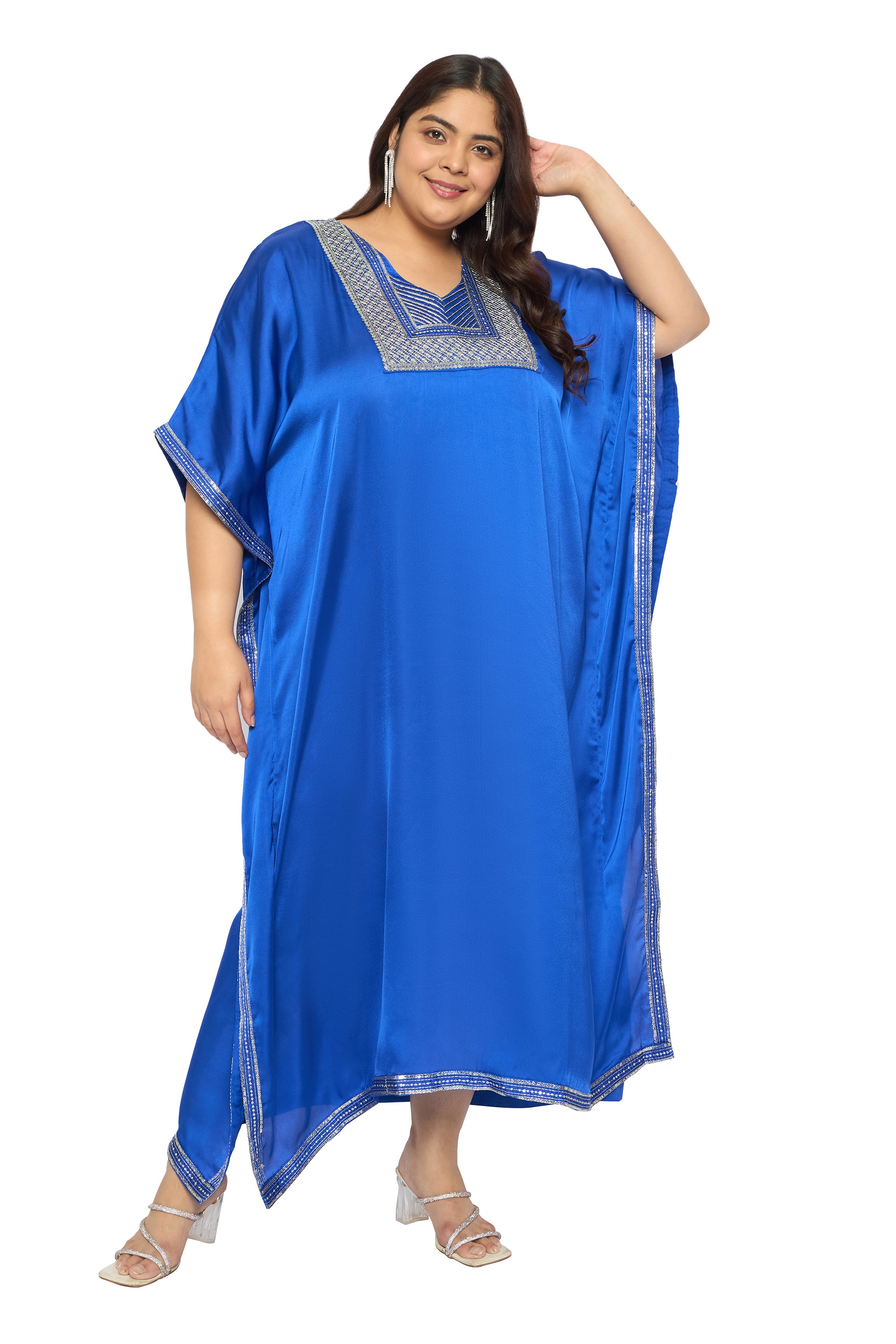 Embroidered Corsair Blue Satin Kaftan Dress For Plus Size Women