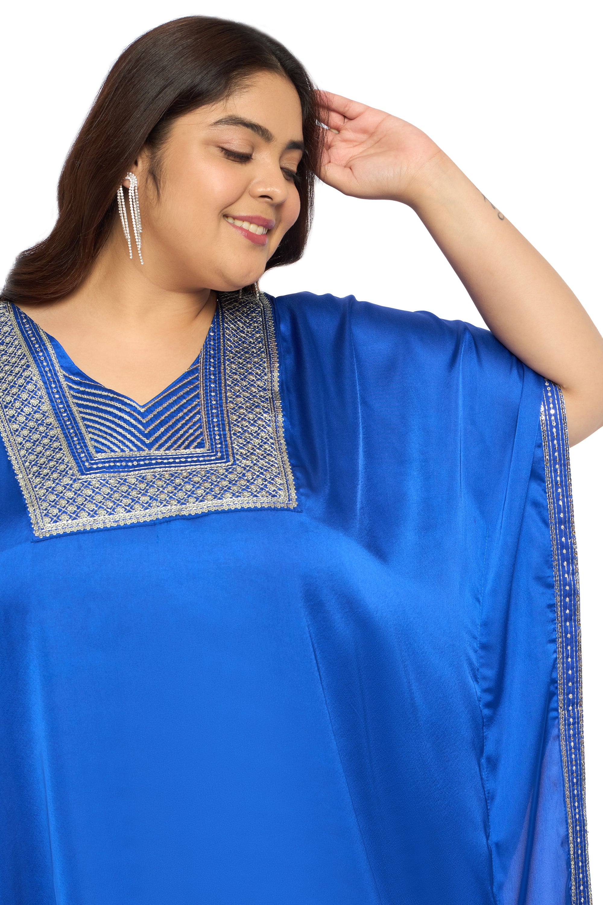 Embroidered Corsair Blue Satin Kaftan Dress For Plus Size Women