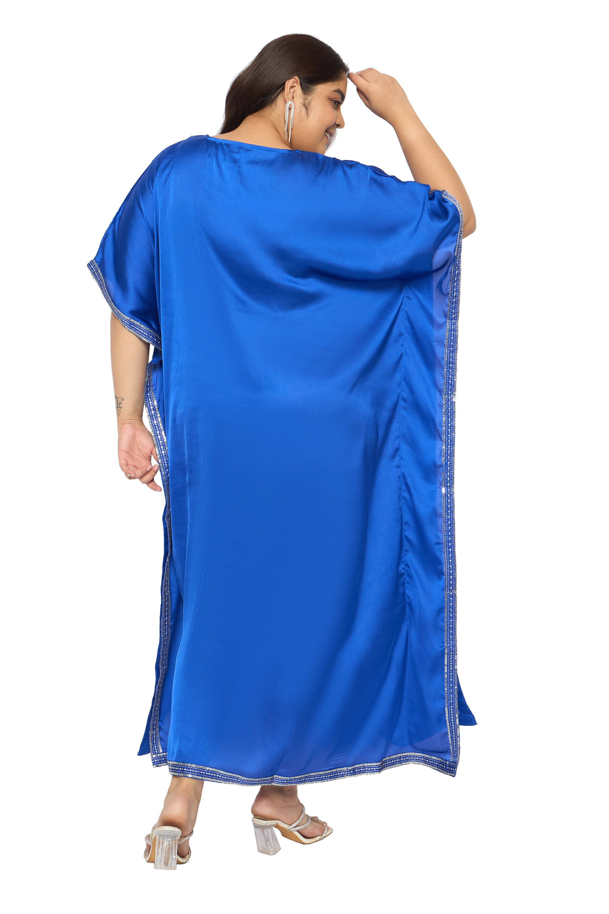 Embroidered Corsair Blue Satin Kaftan Dress For Plus Size Women