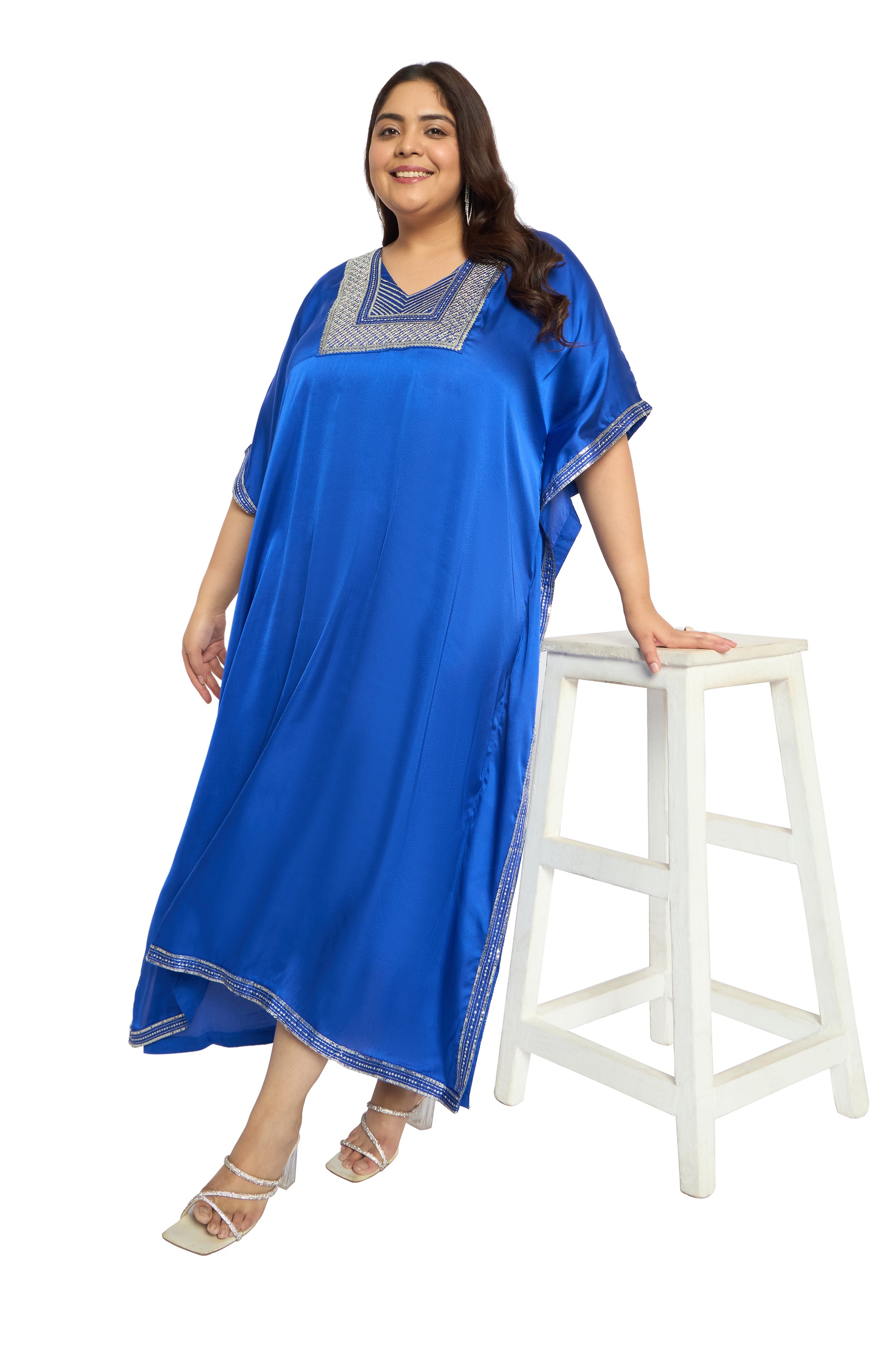 Embroidered Corsair Blue Satin Kaftan Dress For Plus Size Women