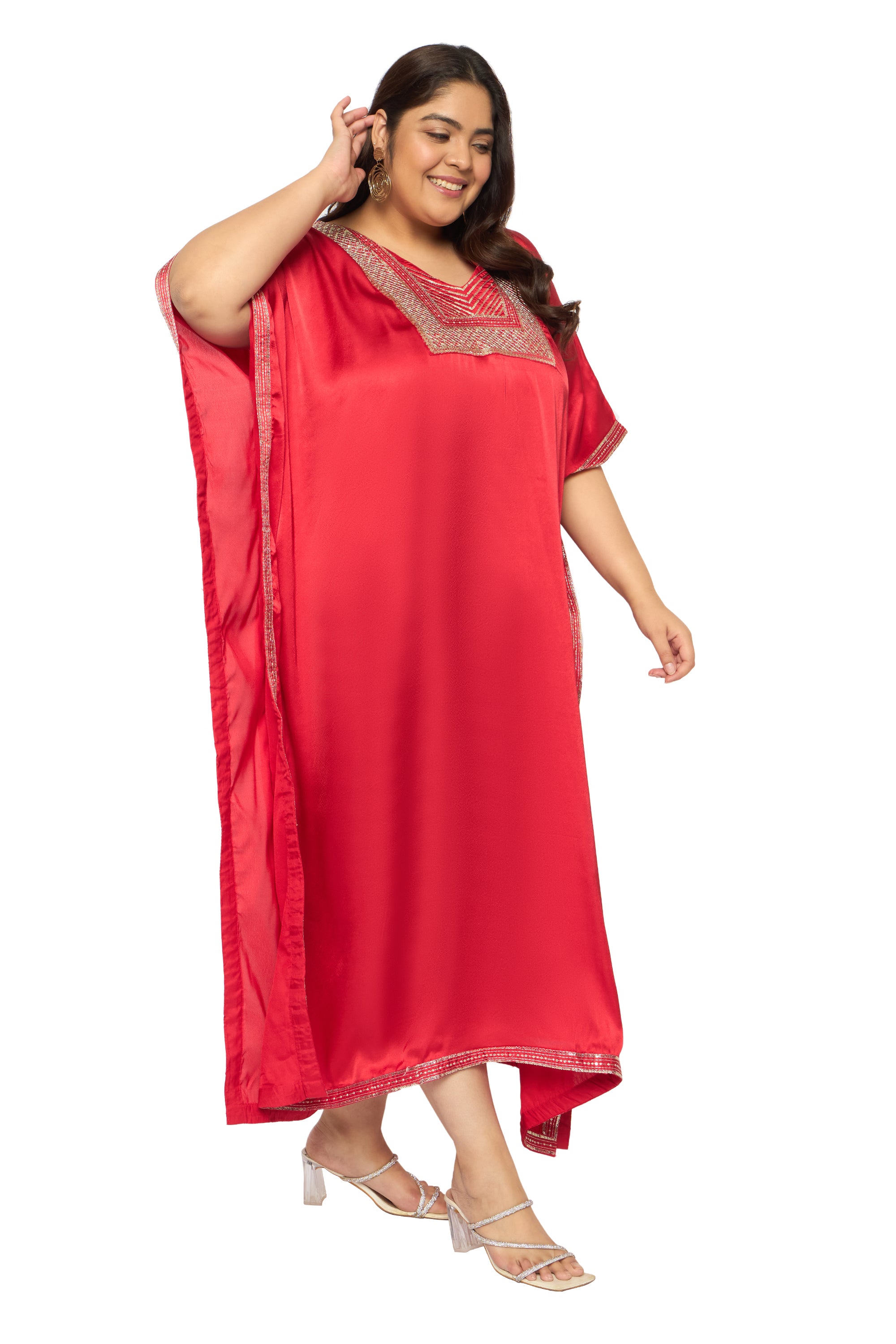 Embroidered Corsair Blue Satin Kaftan Dress For Plus Size Women