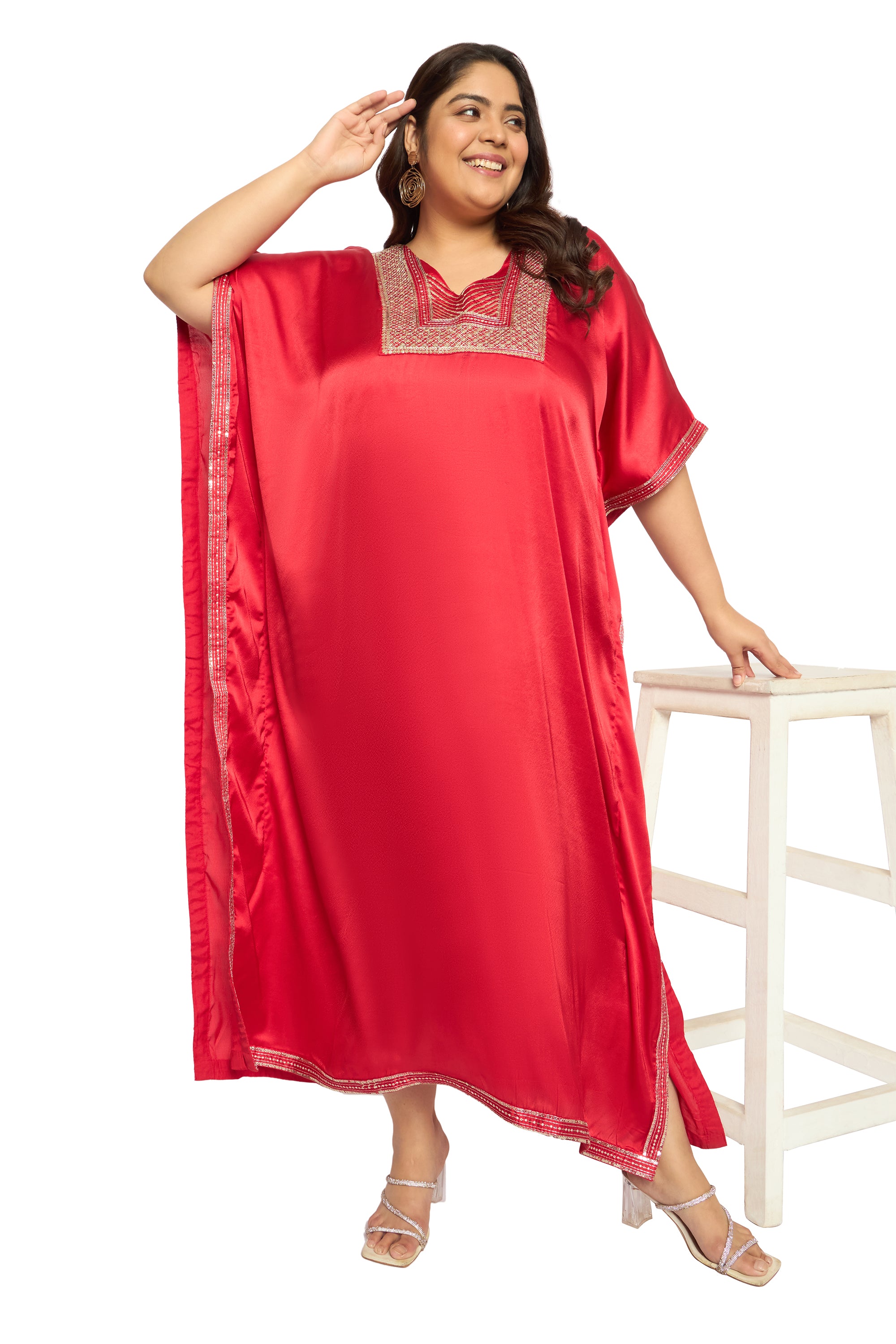 Embroidered Corsair Blue Satin Kaftan Dress For Plus Size Women