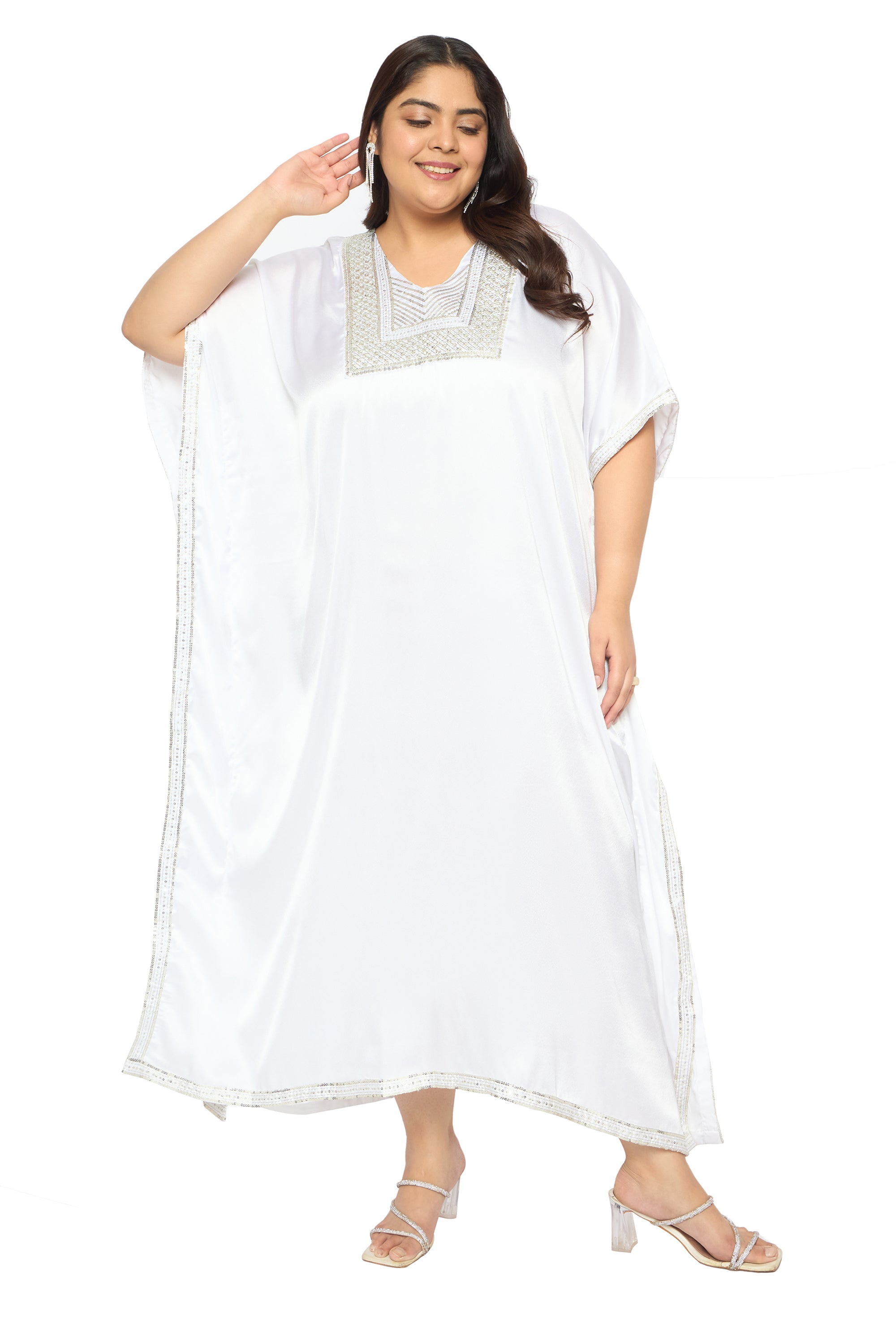 Embroidered Corsair Blue Satin Kaftan Dress For Plus Size Women