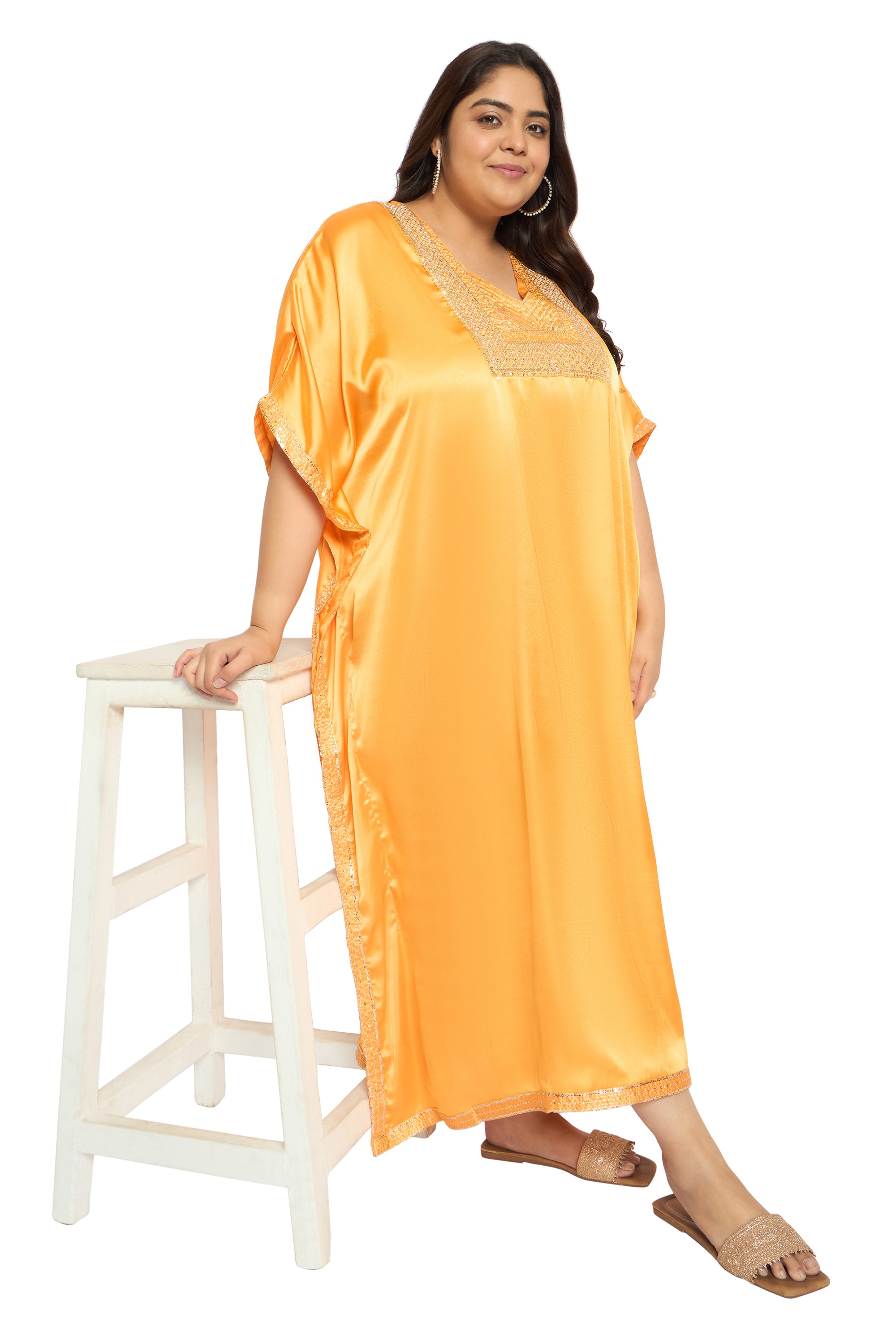 Embroidered Corsair Blue Satin Kaftan Dress For Plus Size Women