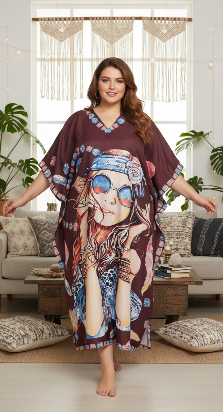 Brown Polyester Lady Print Plus Size Kaftan Dress for Women