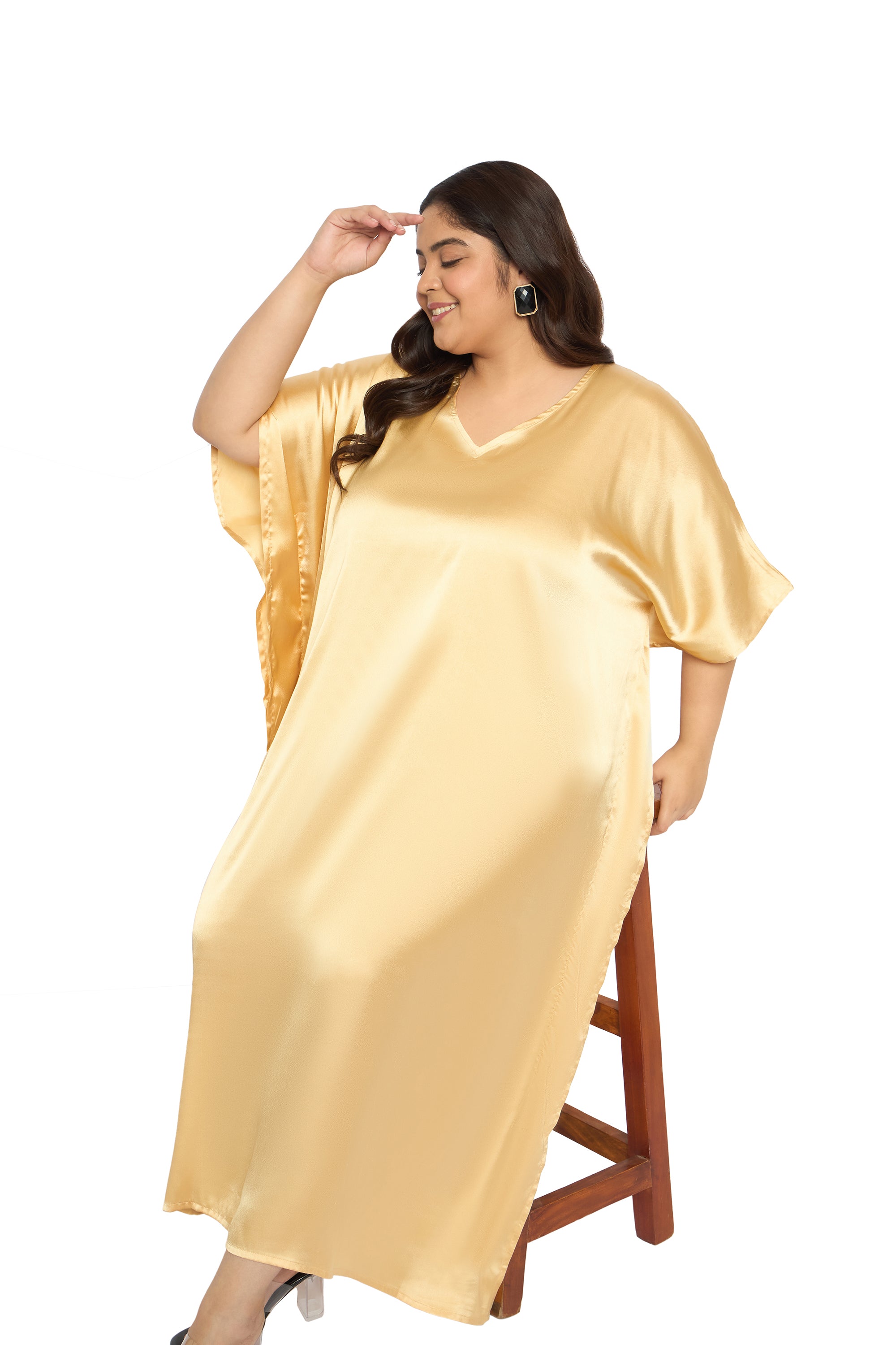 Satin Plus Size Kimono Style Loungewear Kaftan Dress for Women