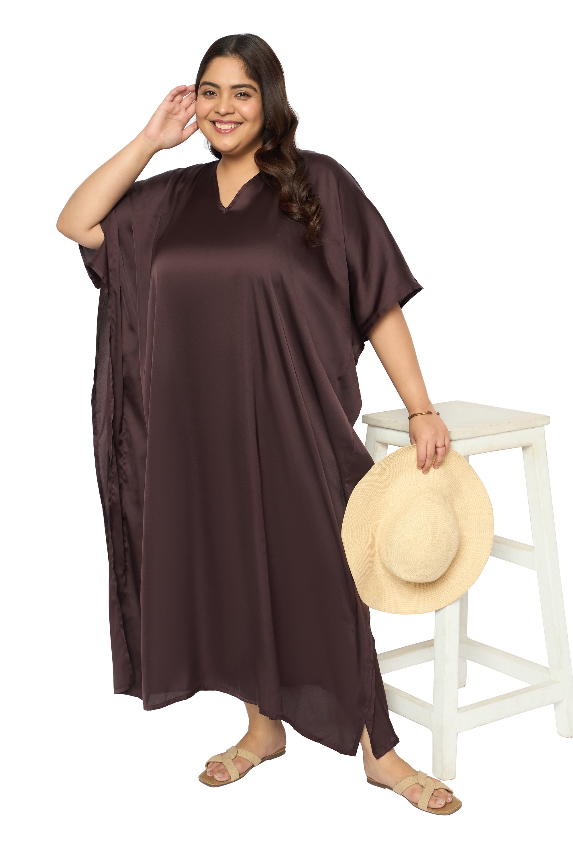 Satin Plus Size Kimono Style Loungewear Kaftan Dress for Women