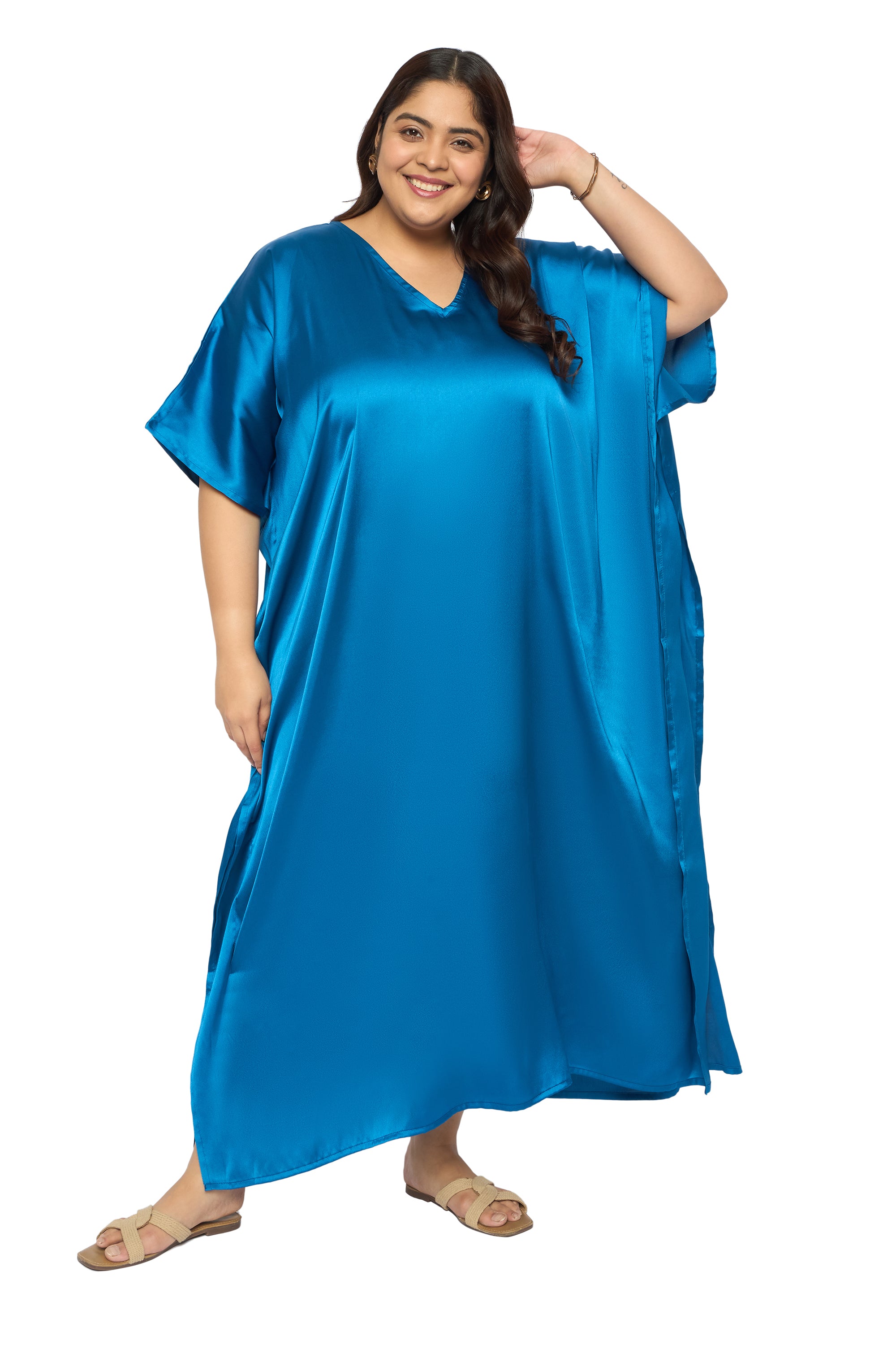 Satin Plus Size Kimono Style Loungewear Kaftan Dress for Women