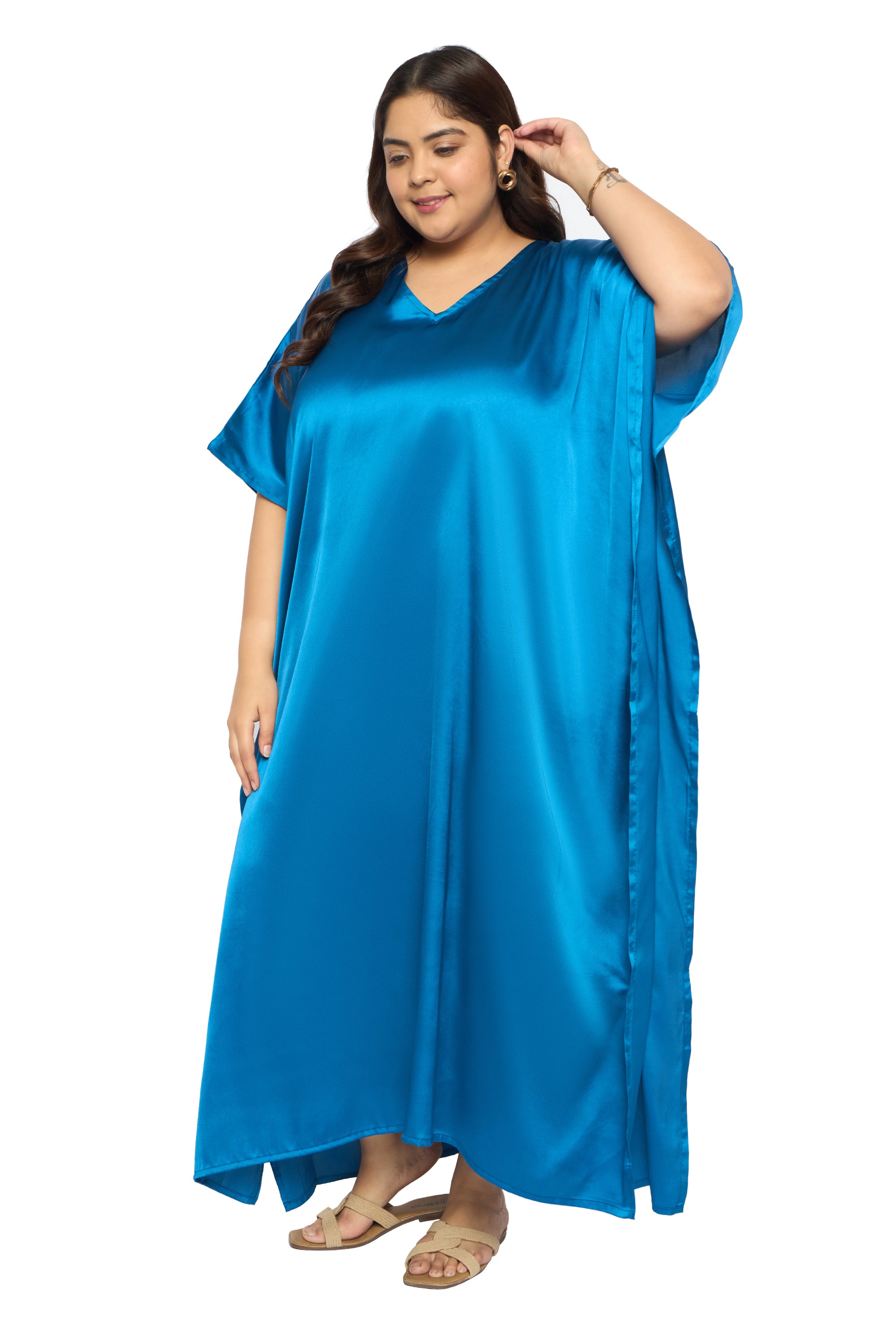 Satin Plus Size Kimono Style Loungewear Kaftan Dress for Women