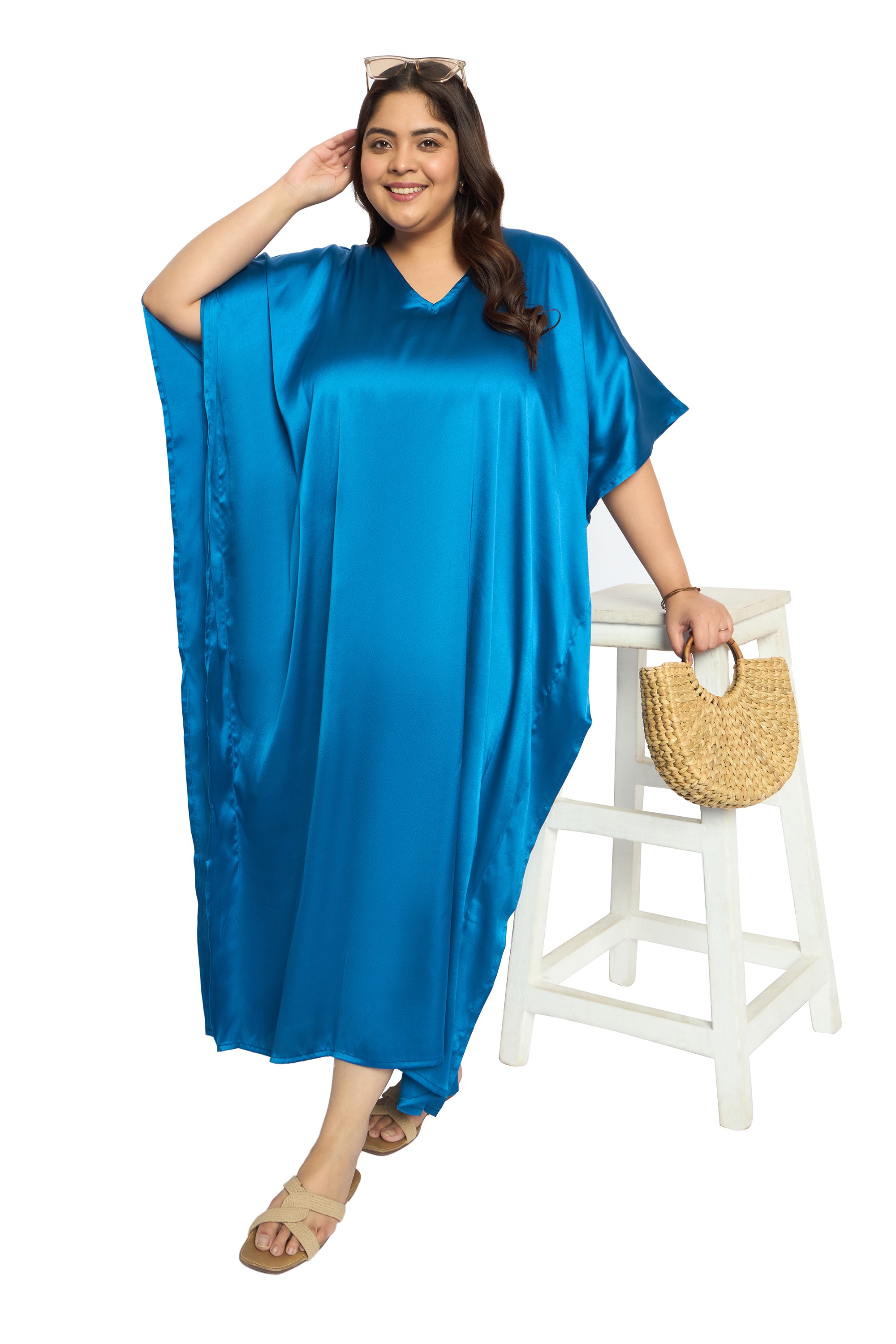 Satin Plus Size Kimono Style Loungewear Kaftan Dress for Women