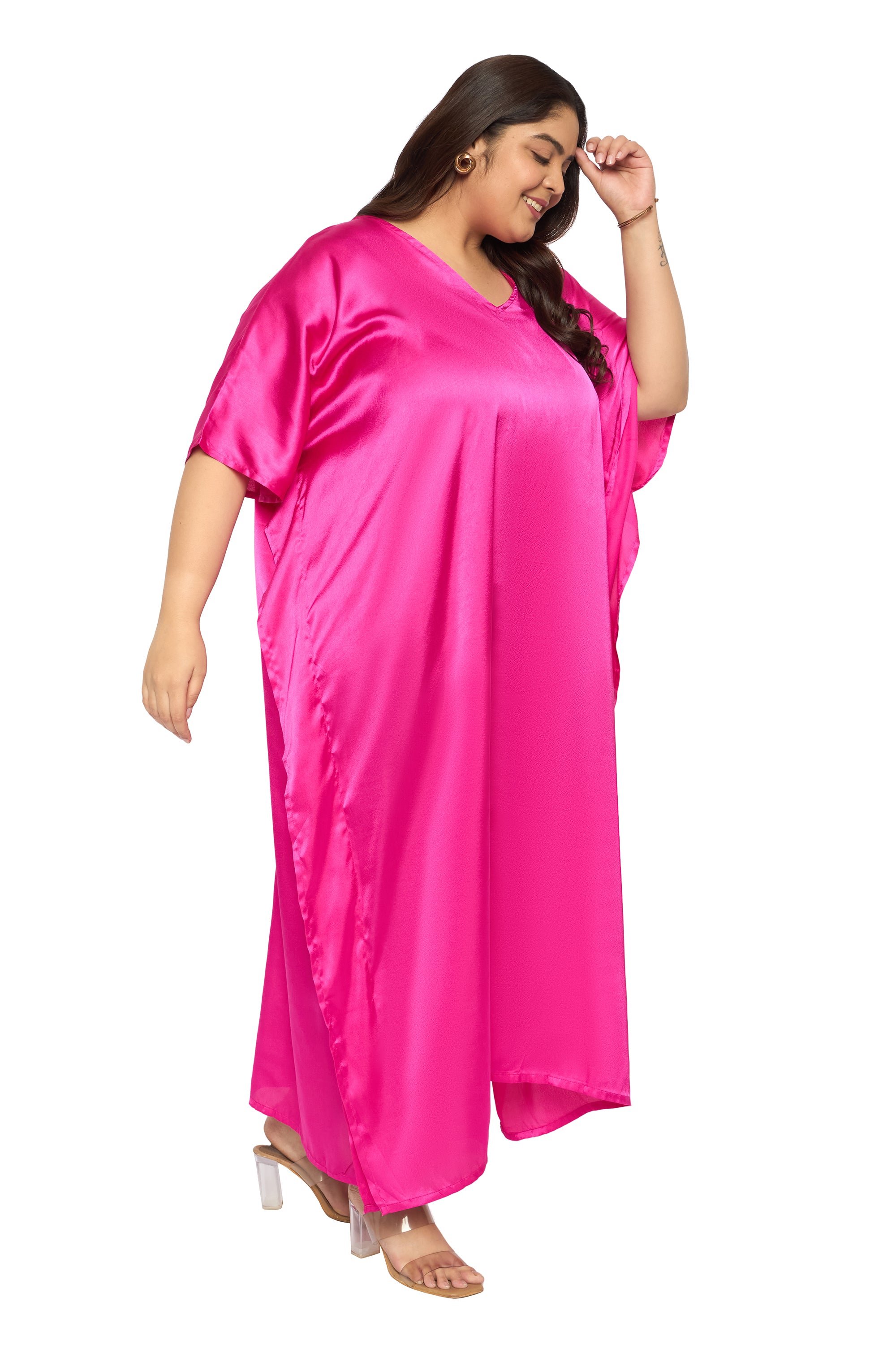 Satin Plus Size Kimono Style Loungewear Kaftan Dress for Women