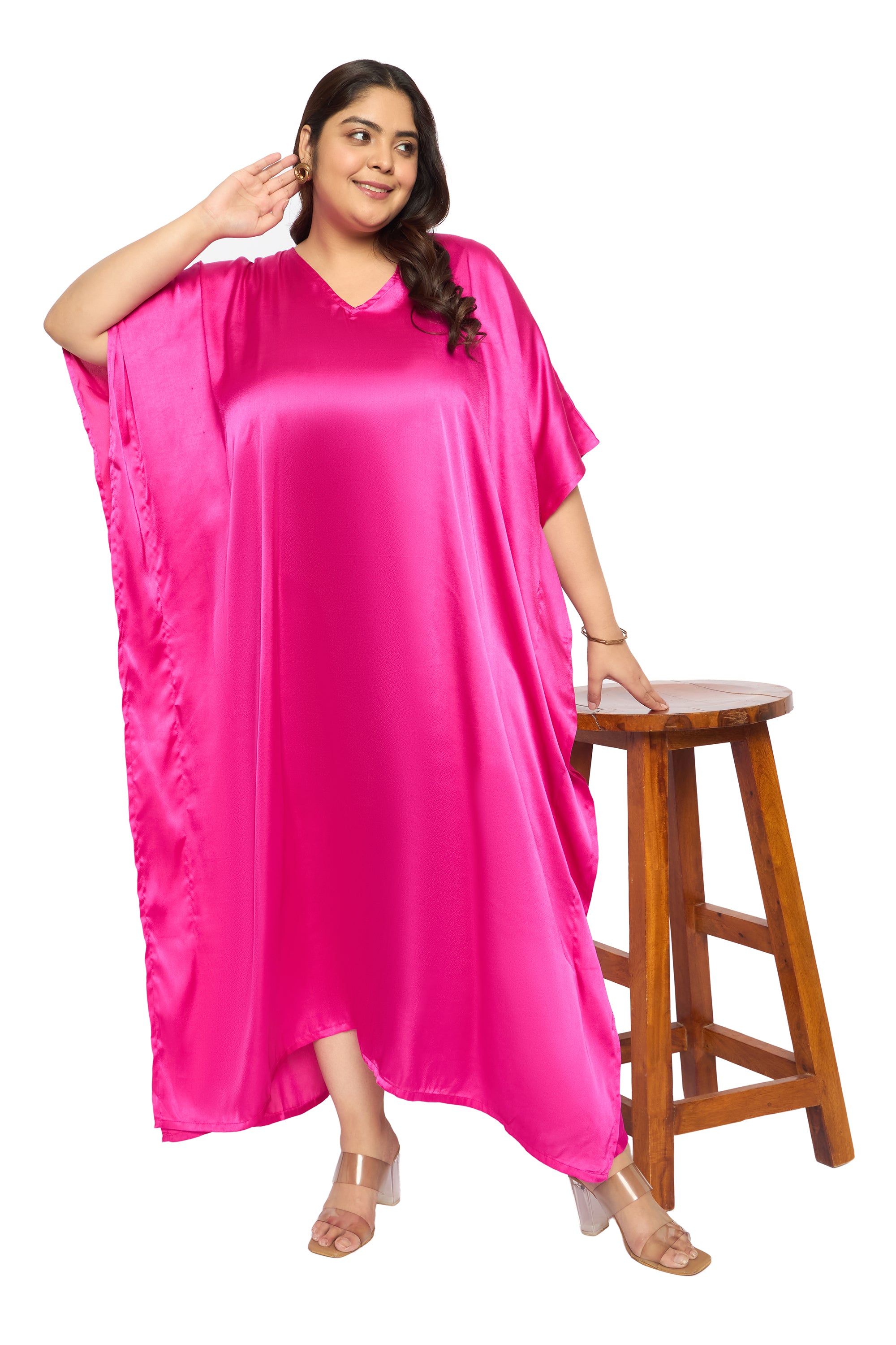 Satin Plus Size Kimono Style Loungewear Kaftan Dress for Women