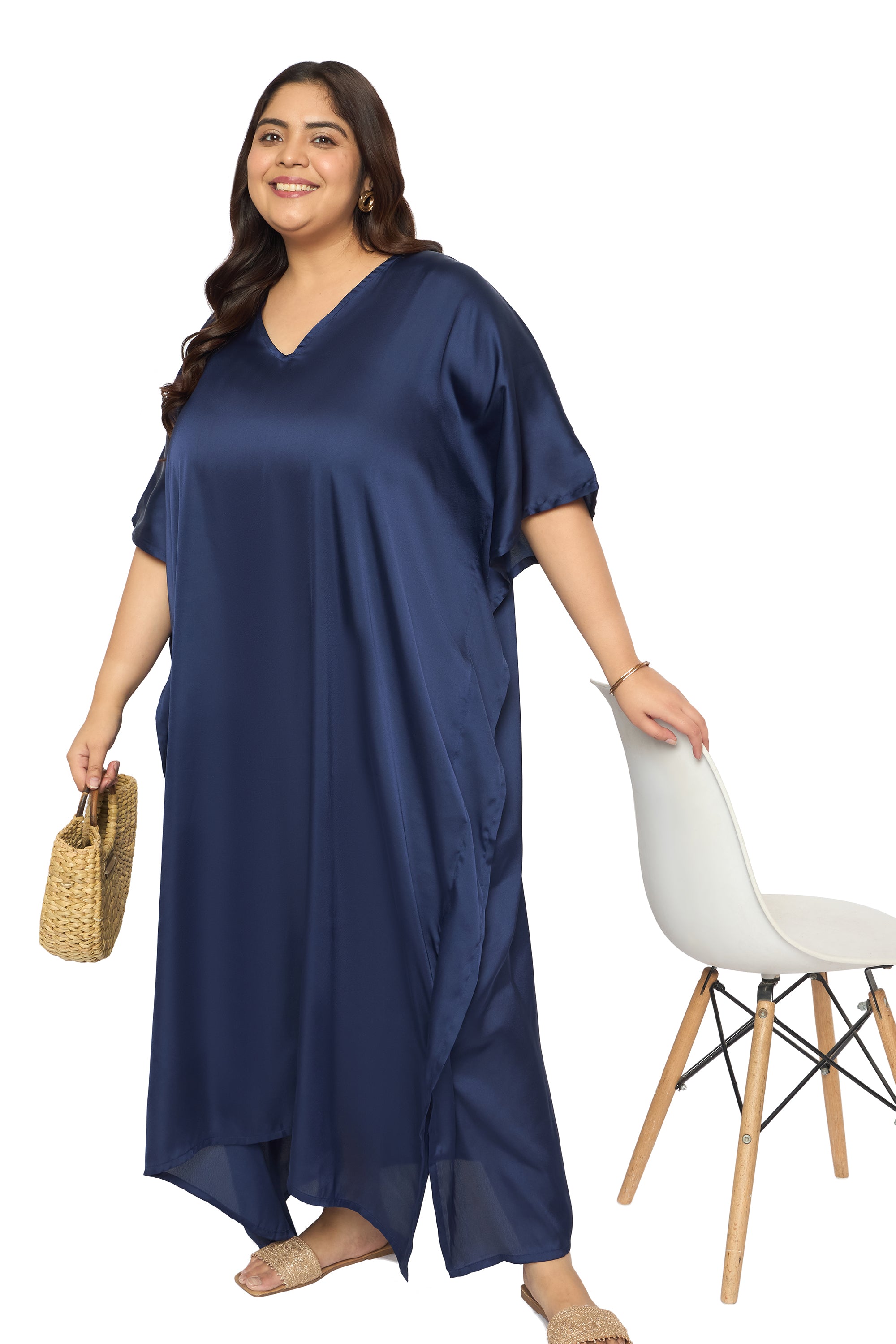 Satin Plus Size Kimono Style Loungewear Kaftan Dress for Women